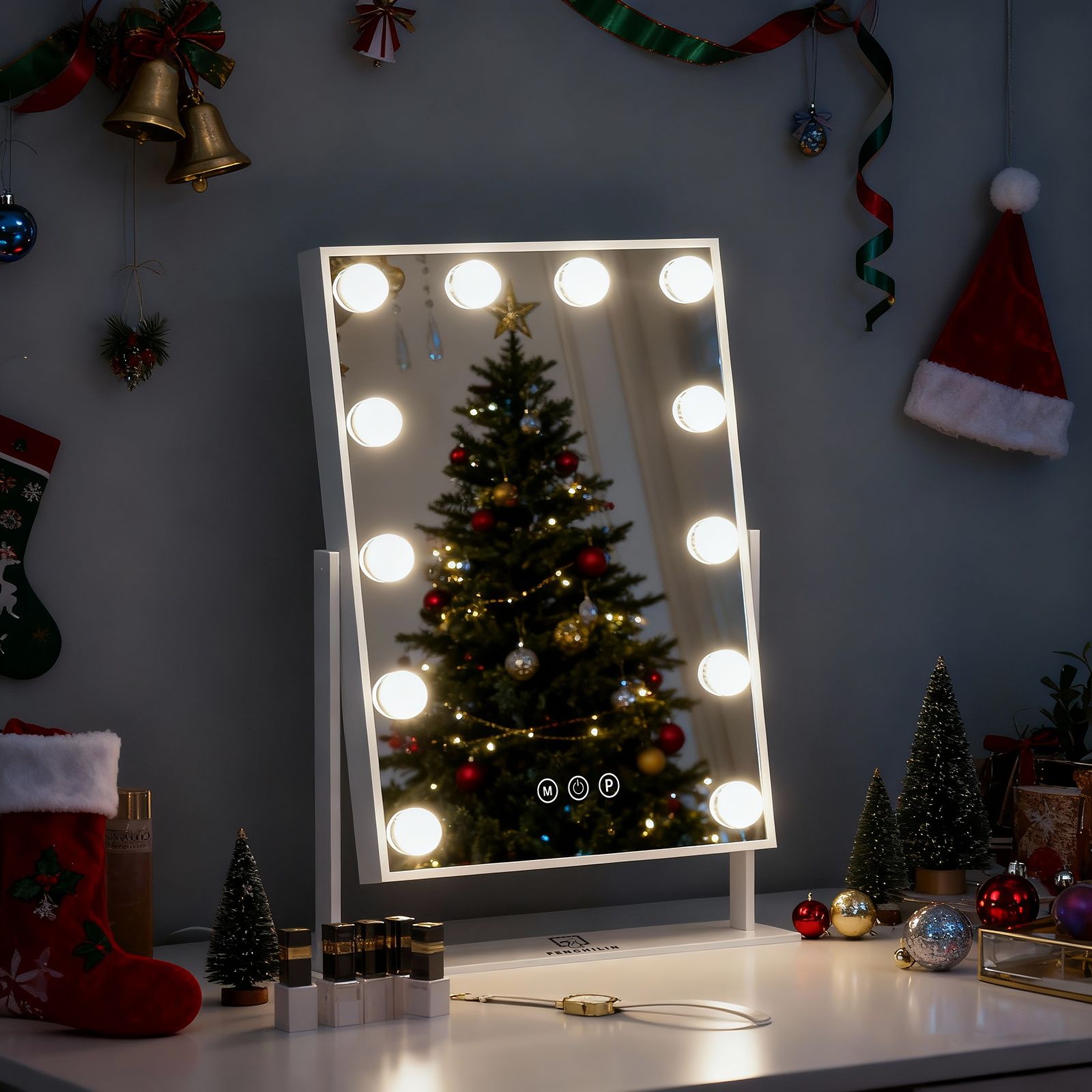 FENCHILIN Hollywood Vanity Mirror with Lights 12 LED Bulbs Standing Mirror 360 Rotation for Makeup