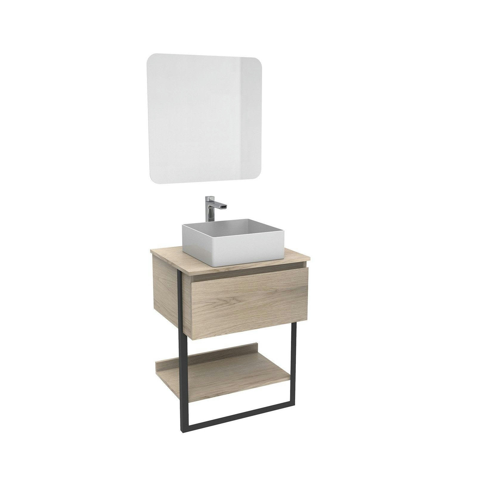 NINA - Meuble de Salle de bain Bois et Métal 60 cm  avec vasque et miroir