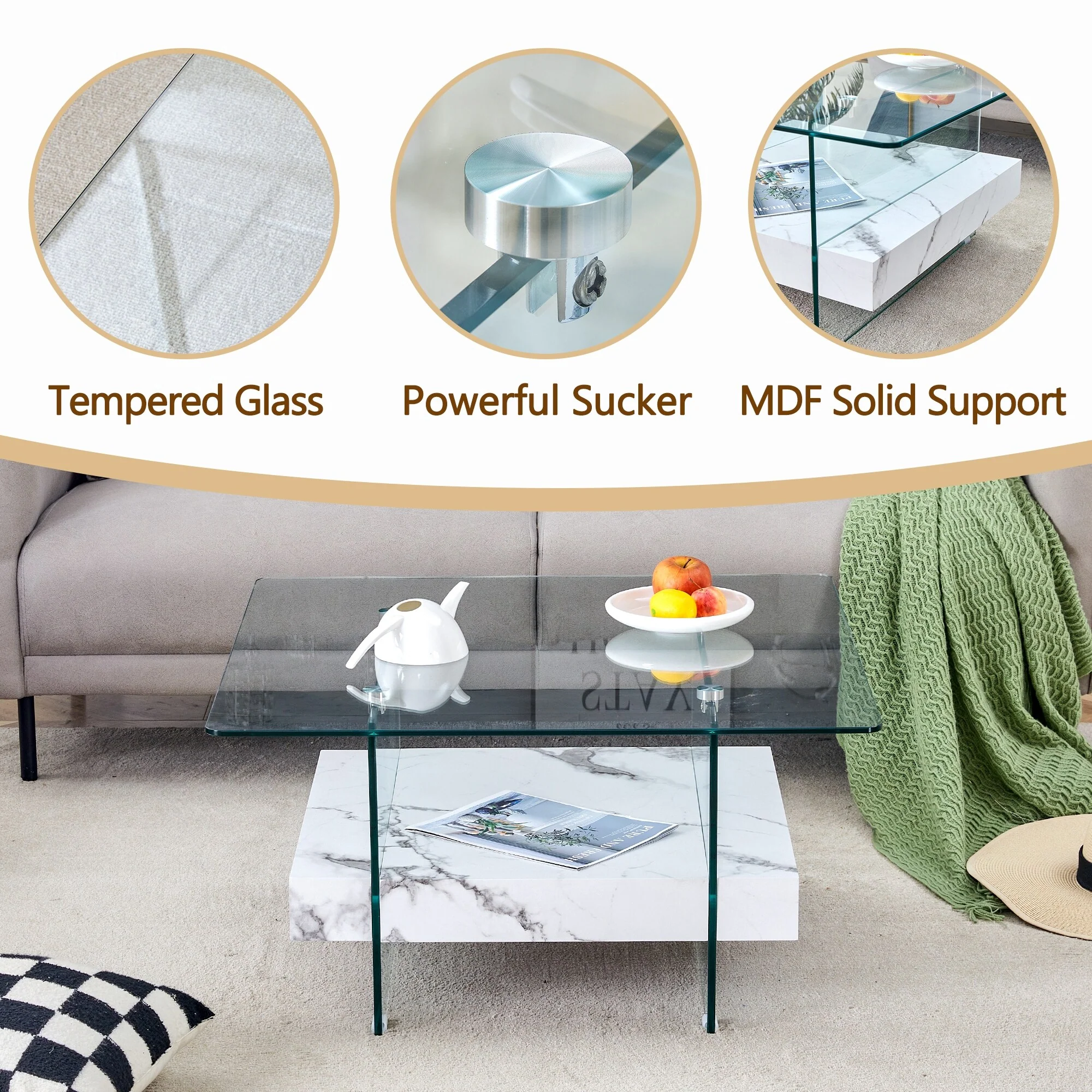 Modern Two-Tier Square Coffee Table -Elegant Combination Of Glass And Marble Pattern Sticker