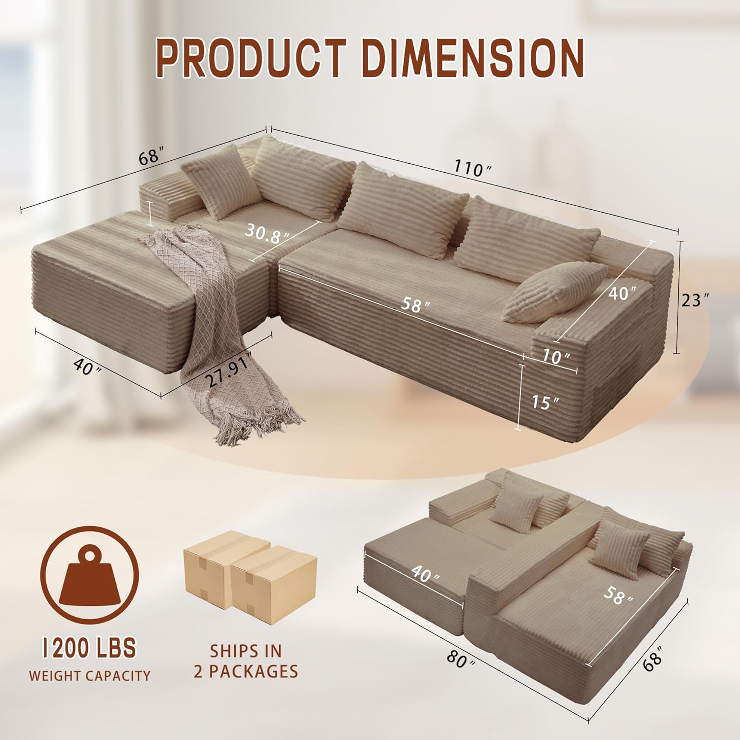 Korser 110 L-Shaped Modular Sectional Sofa with Chaise, Boneless Comfy Corduroy Fluffy Couch with Deep Seat and Side Pockets, Flexible Module Combination for Living Room, No Assembly, Side Pockets