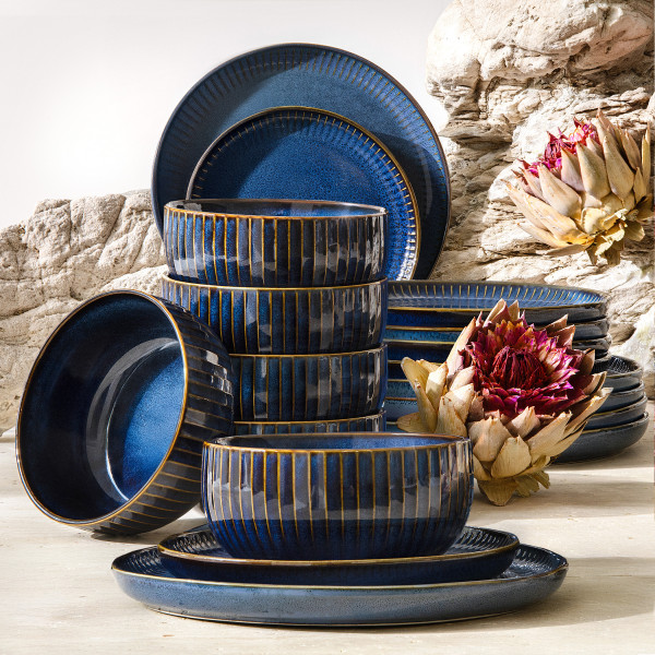 KONSIMO AD STRIPES zestaw obiadowy 6 os. (18 el.) porcelana, granatowy