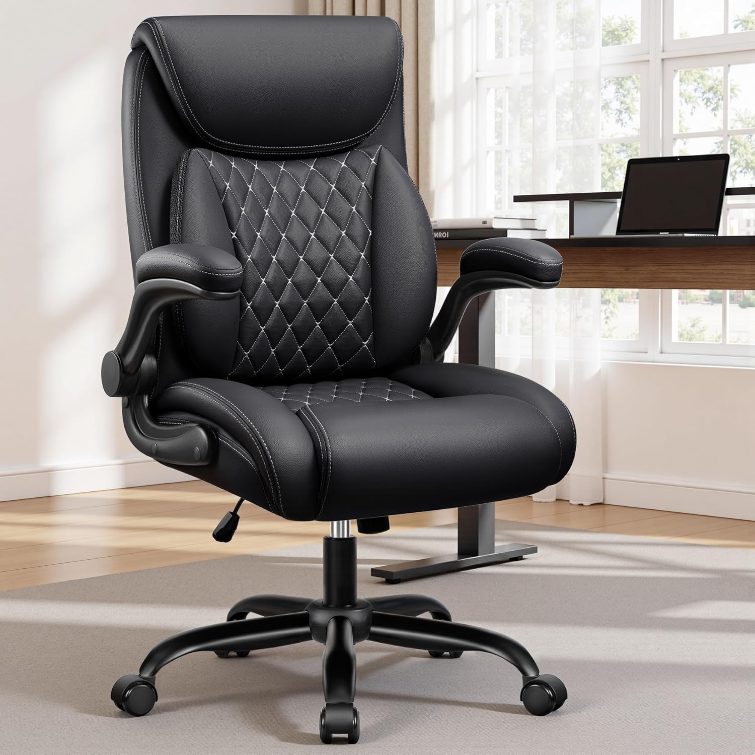 BESTFAIR Office Chair, Ergonomic Computer Desk Chairs with Lumbar Support for Lower Back Pain Relief, Executive Leather Home Chair Comfy with Padded Flip-up Armrests, Black