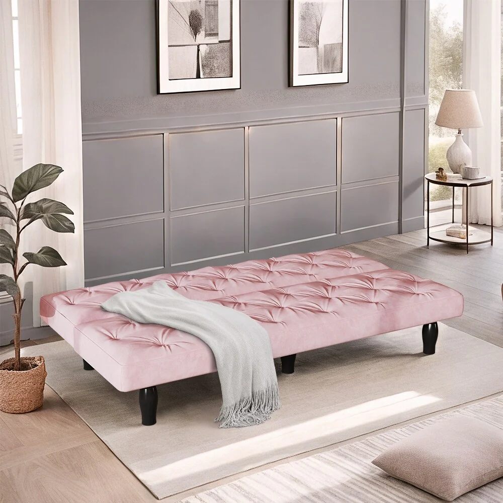 66 Pink Velvet Sofa Bed with Storage, USB-C Ports for Small Spaces