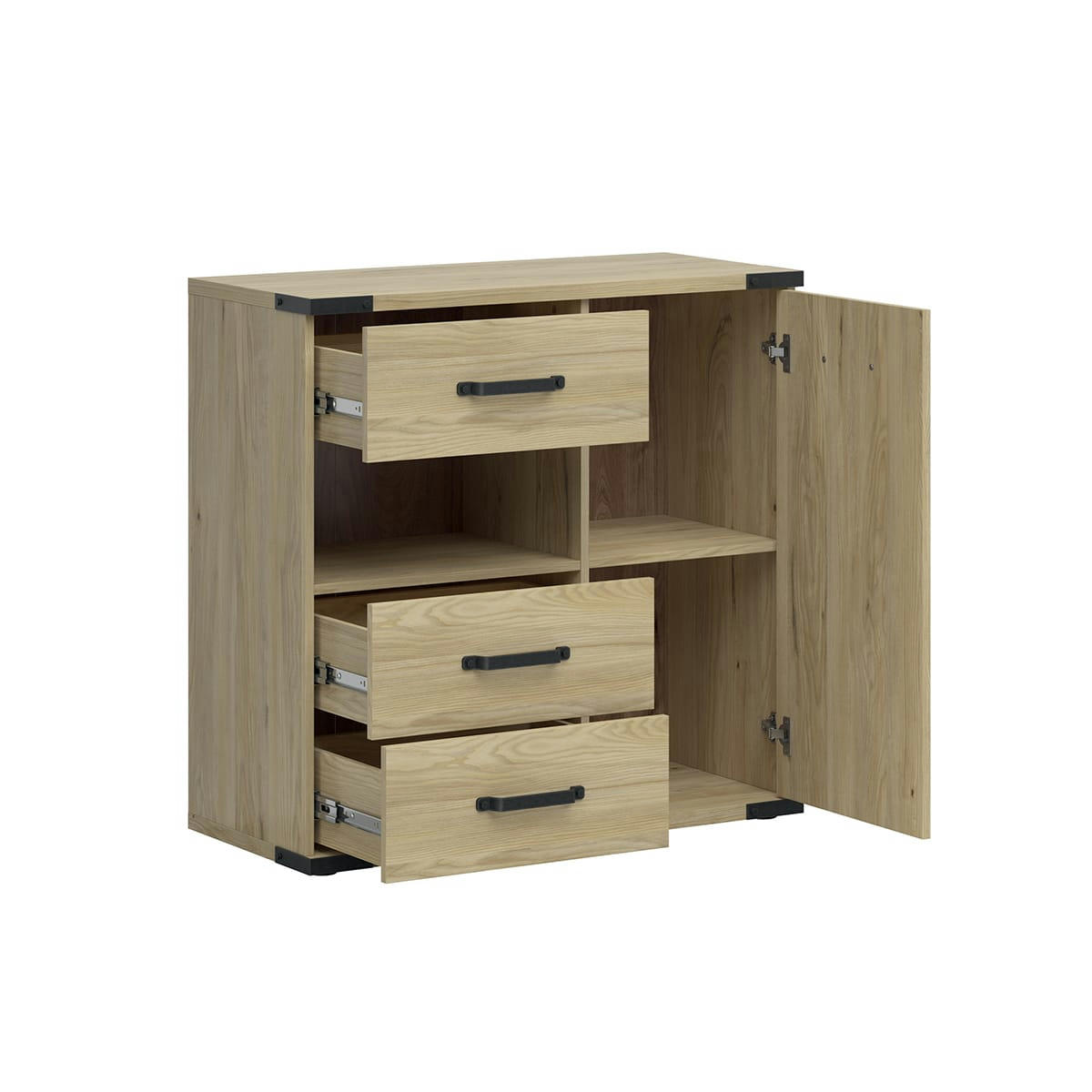 - Commode 3 tiroirs 1 porte naturel et noir