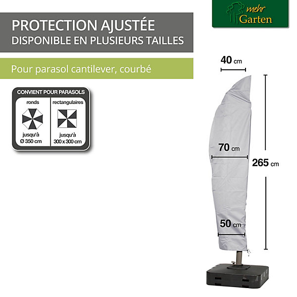 Mehr Garten - Housse de parasol déporté Premium PROTECT, structure courbée, 265(H)x40/70/50(L) cm I parasol rond jusqu'à 350 cm