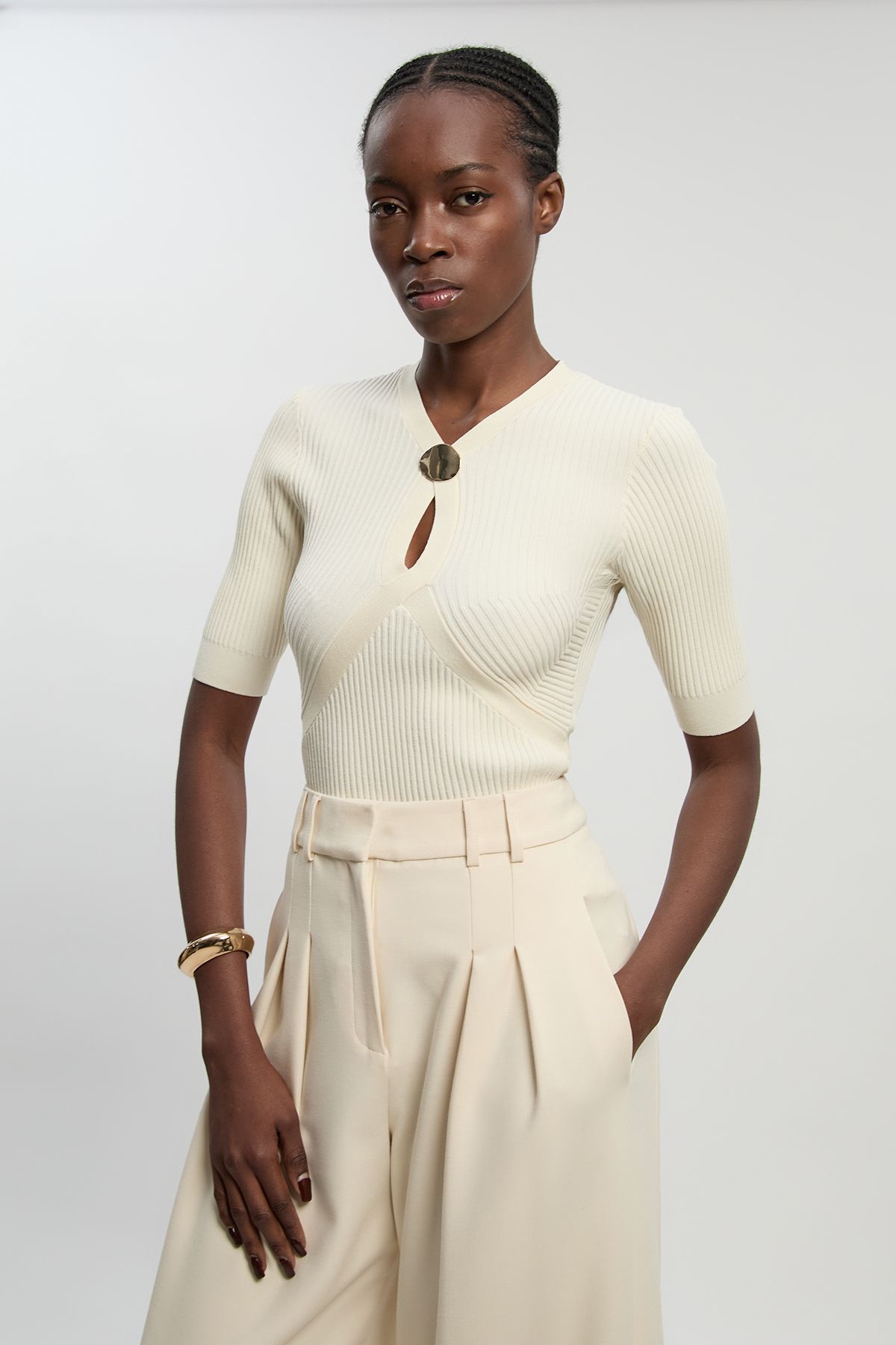 KarenMillen Rib Knit Trim Detail Short Sleeve Top