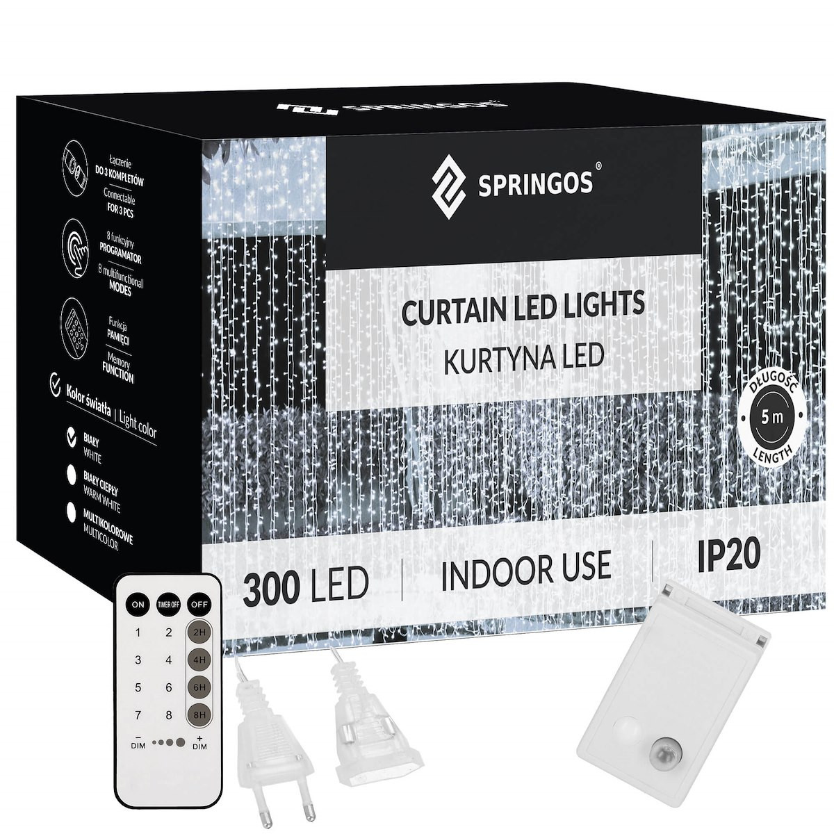 Kurtyna świetlna 300 led lampki choinkowe sople biały zimny