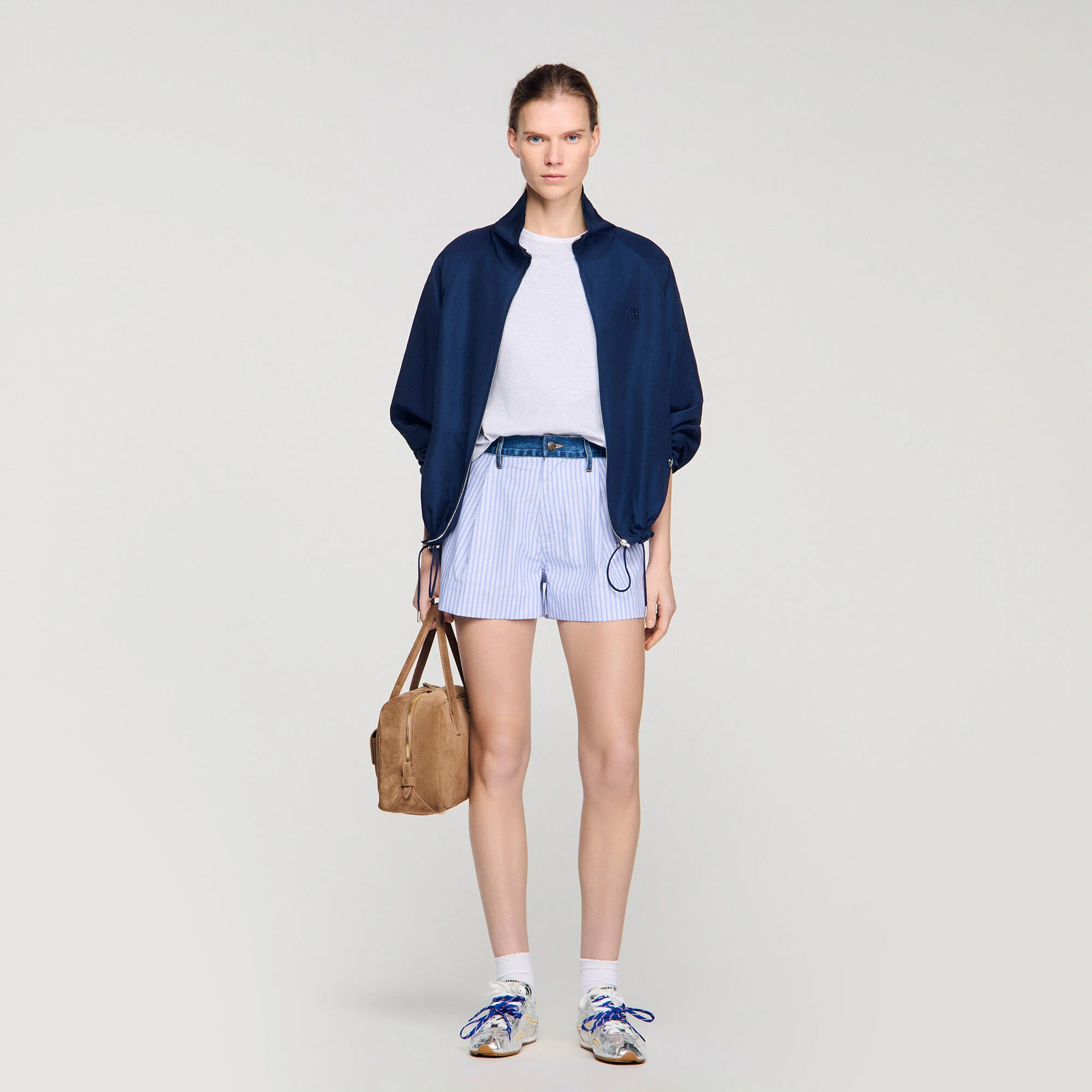 Short rayé à détails denim