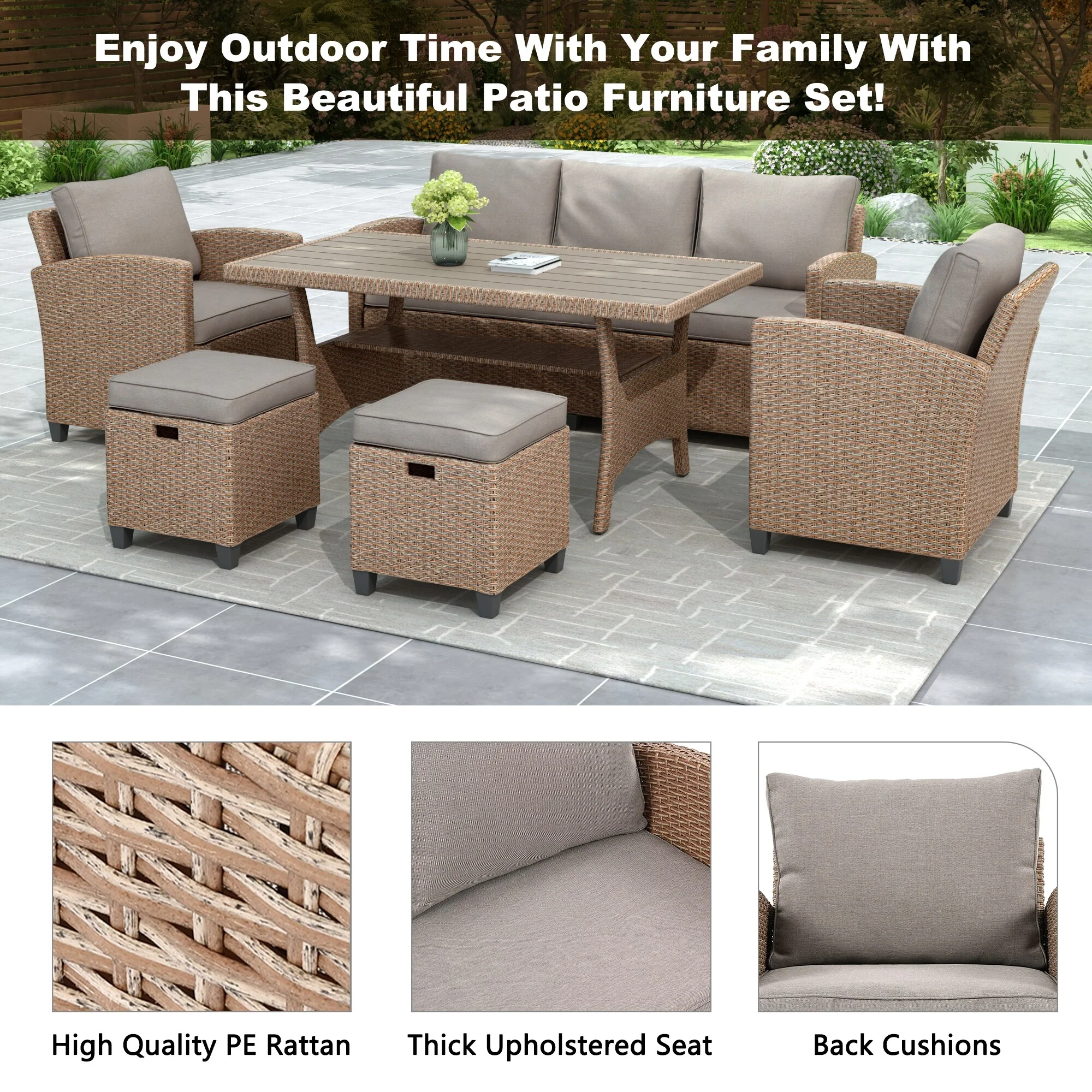 6-Piece Outdoor Rattan Wicker Set Patio Garden Backyard Sofa, Chair, Stools and Table