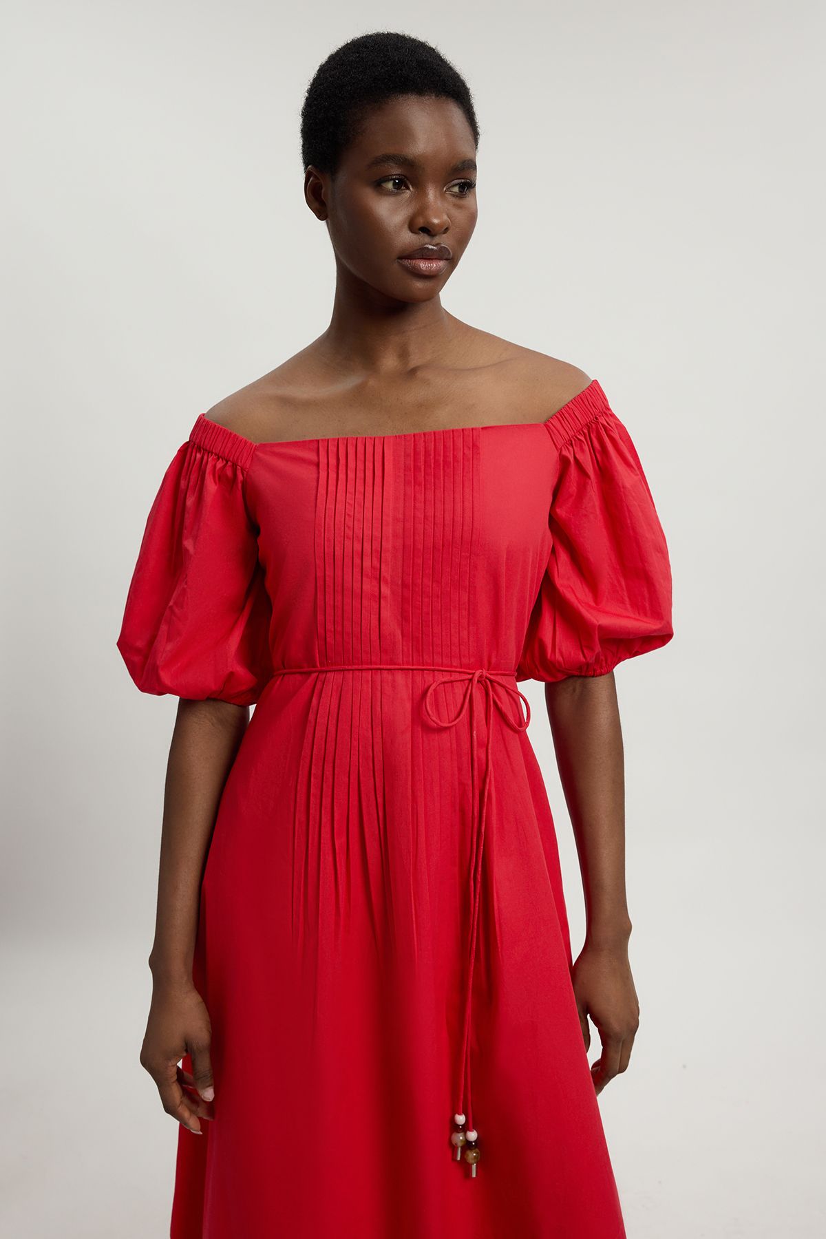 KarenMillen Bead Detail Cotton Poplin Bardot Midi Dress