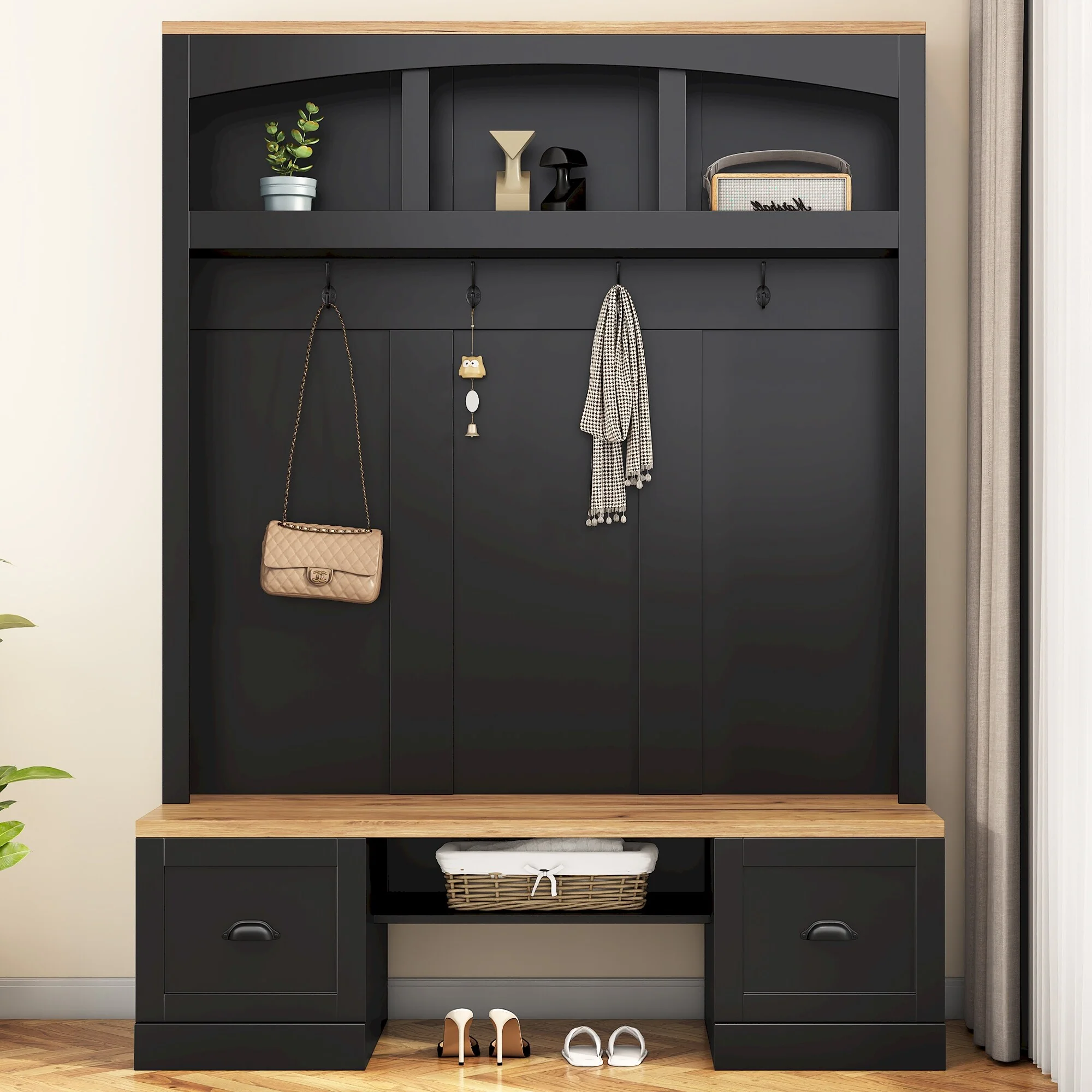 Farmhouse 4-in-1 Hall Tree with Wood Grain Bench and Top, Multifunctional Coat Rack with Black Hooks, Adjustable Shelves