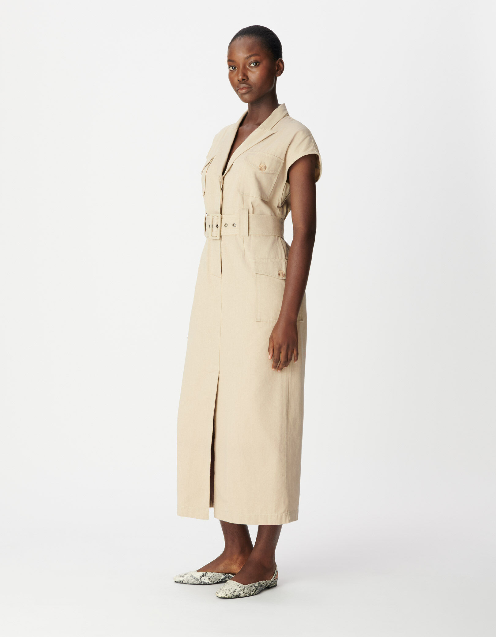 Robe saharienne longue beige sans manches Femme