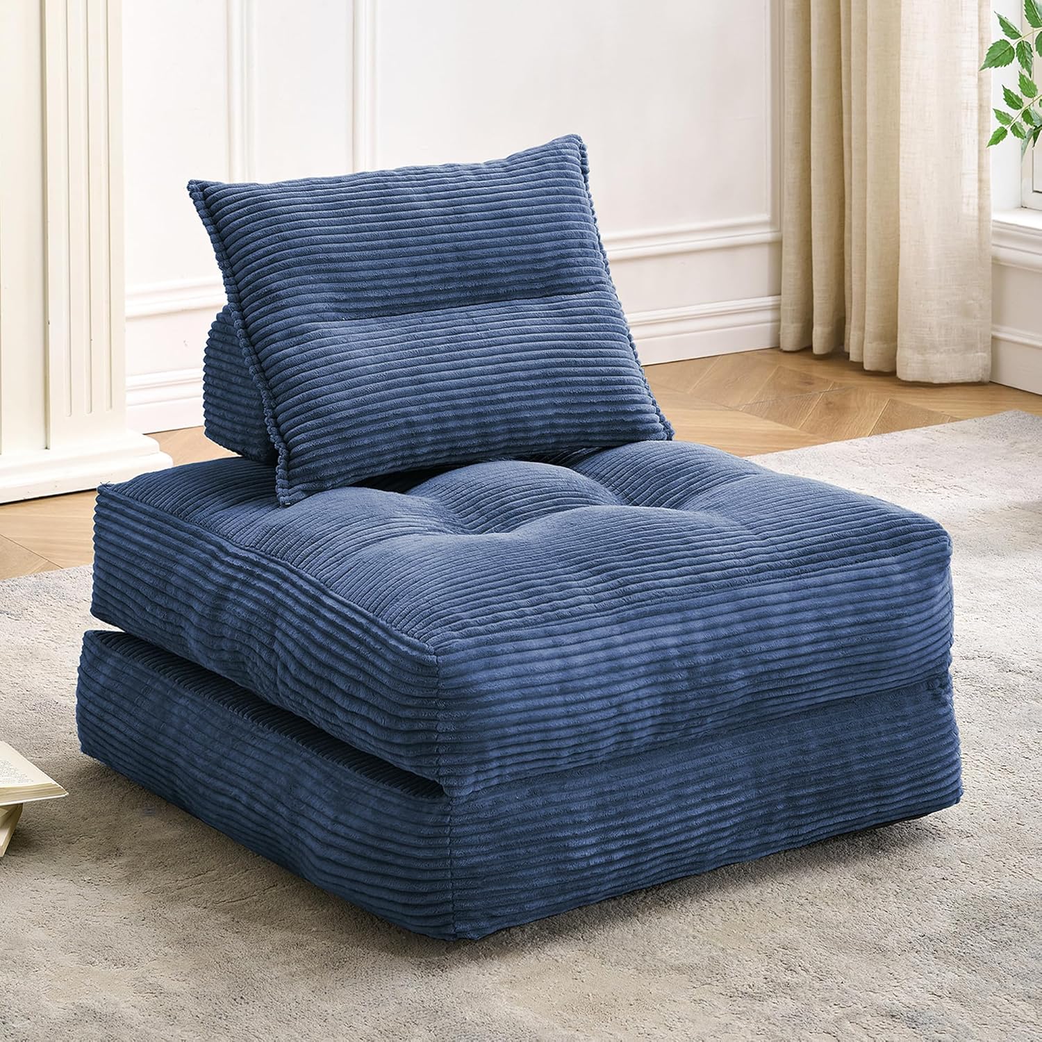 MONVANE Folding Sofa Bed, Fold Out Chair Bed with Pillow, Convertible Sleeper Chair for Living Room/Small Spaces, Foldable Lazy Sofa Bed Floor Chair, Comfy Corduroy Couch Bed, Navy Blue