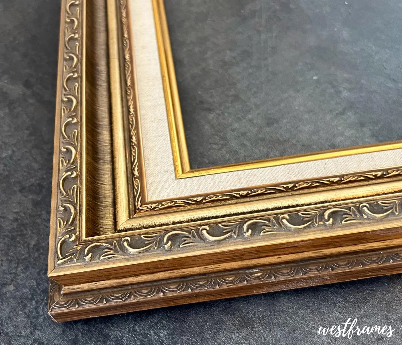 Antique Gold Ornate Picture Frame Natural Linen Liner 3