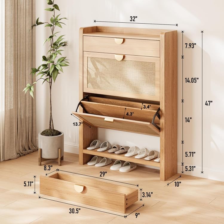INNOD Rattan Shoe Storage Cabinet, Shoe Organizer with 2 Flip Drawers, Narrow Shoe Cabinet, Free Standing Hidden Shoe Storage, Shoe Rack for Entryway/Hallway/Closet, Natural Oak