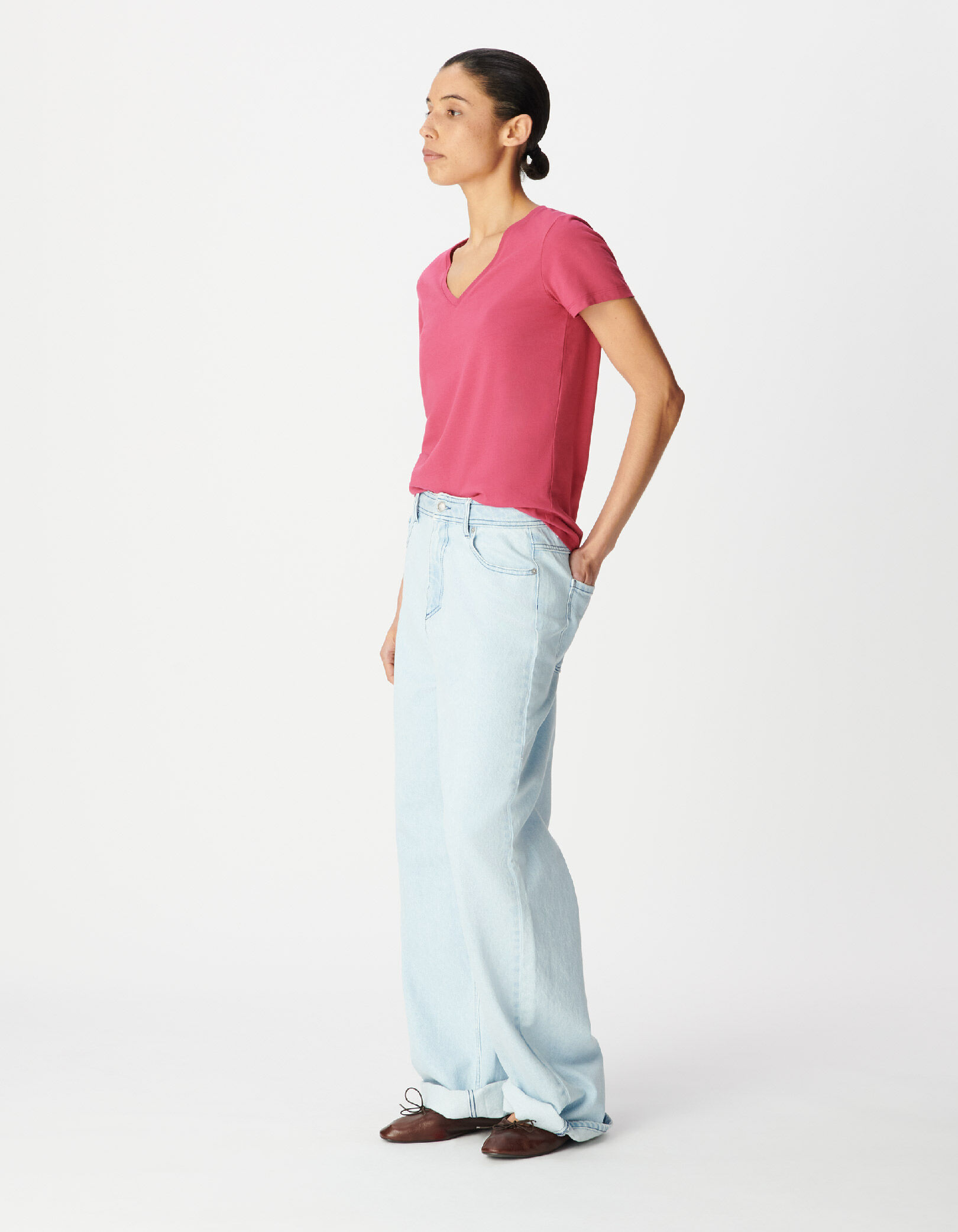 Tee-shirt col V rose Femme