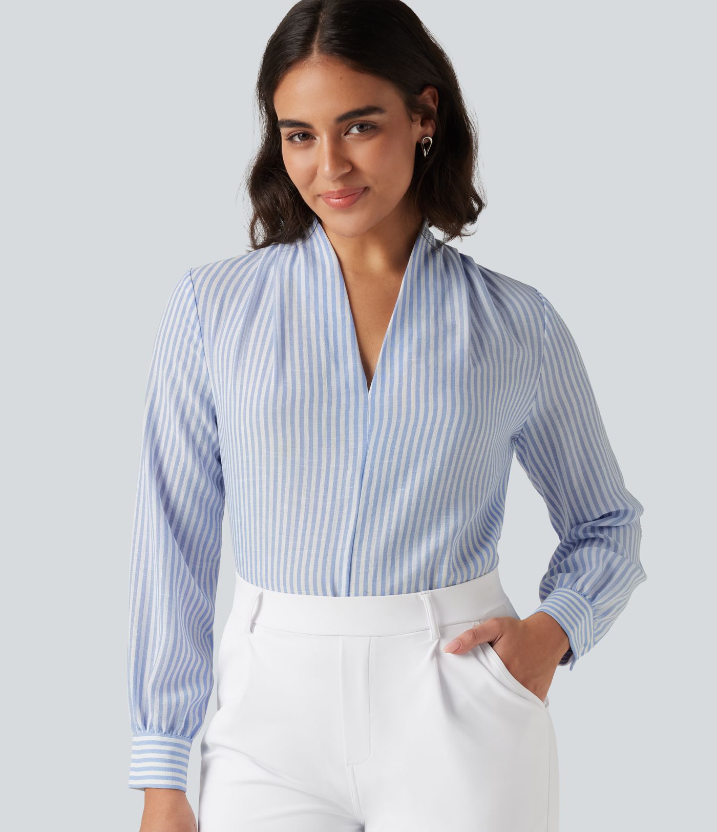 Blouse de bureau effet lin à col V, manches longues et rayures