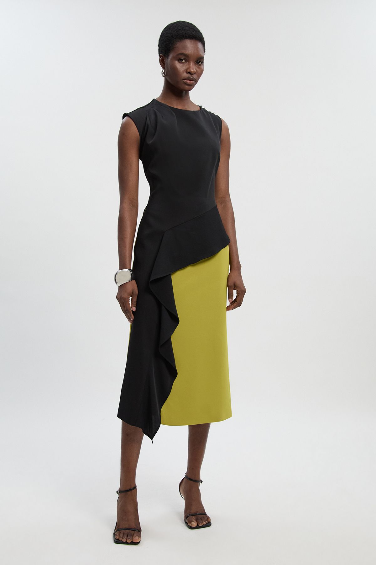 KarenMillen Petite Soft Tailored Asymmetric Neck Draped Waist Detail Midi Dress