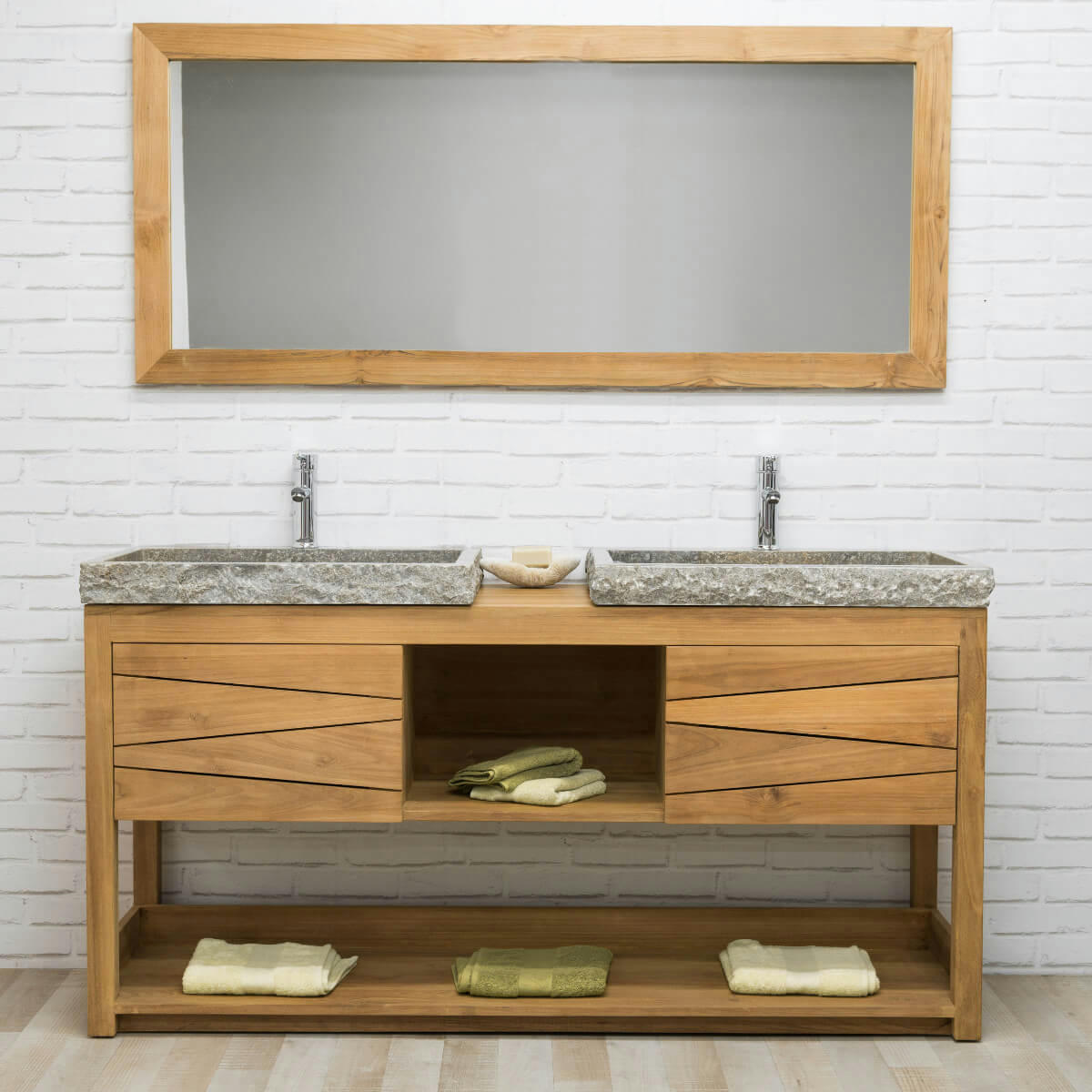 - Meuble double vasque en teck et marbre gris L160cm