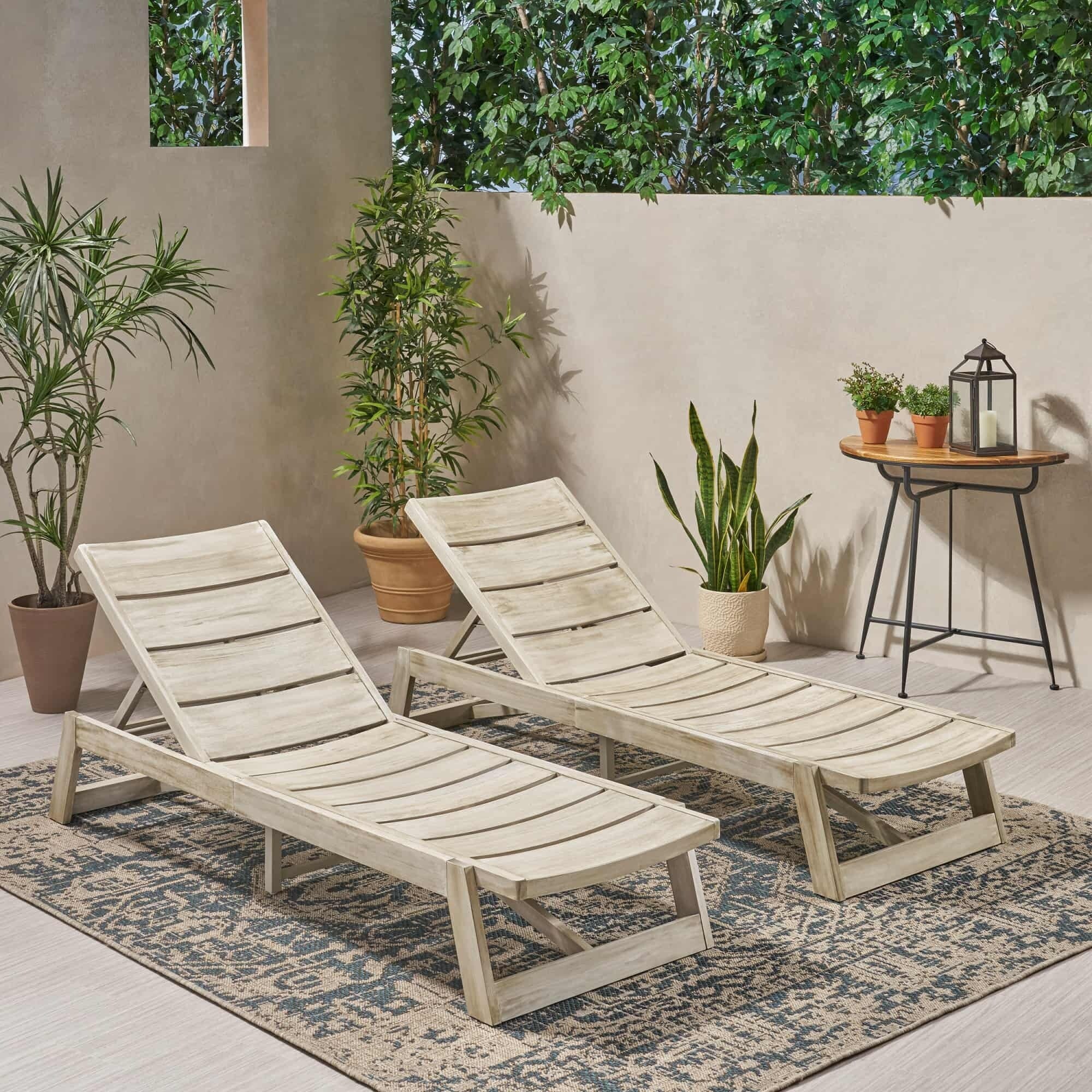 Set of 2 Outdoor Acacia Wood Adjustable Backrest Chaise Lounge Chairs
