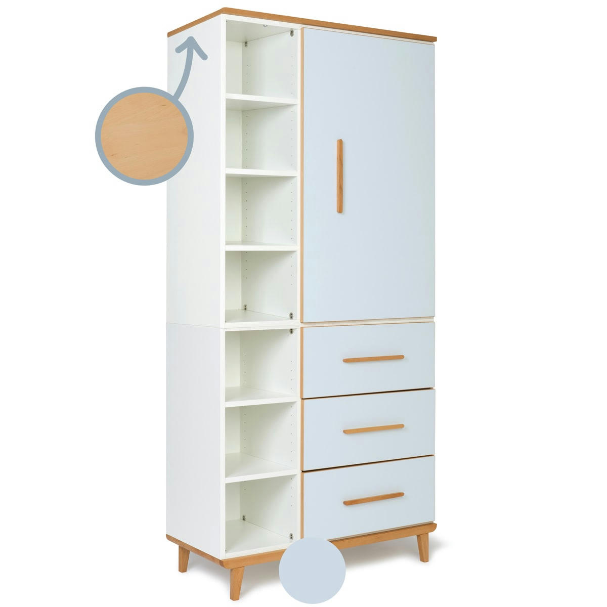 NADO - Armoire 198cm 1 porte 3 tiroirs bleu ciel