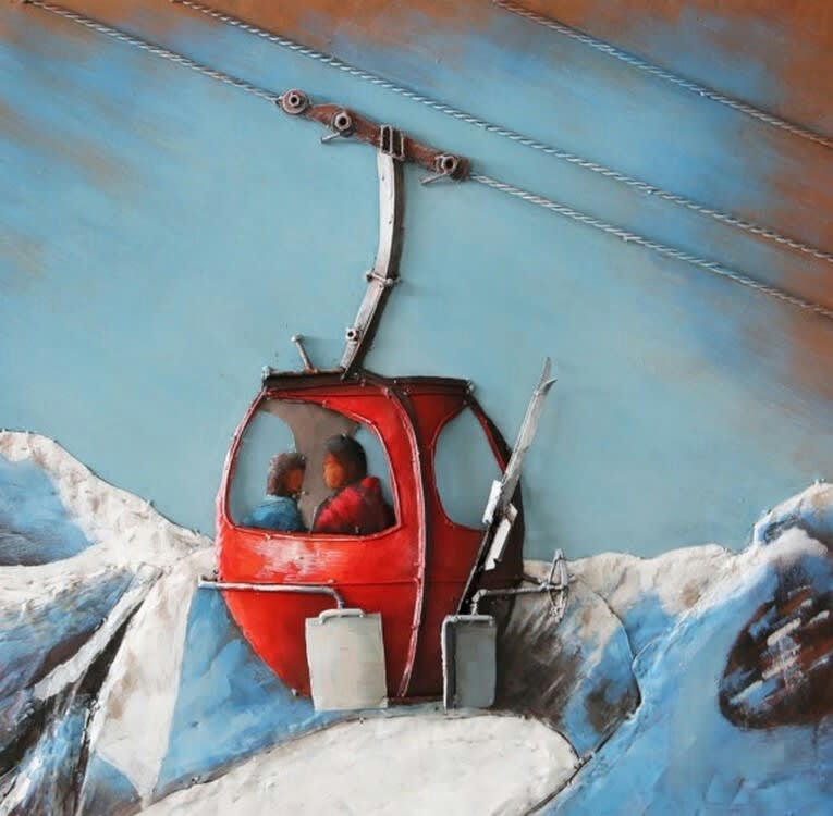 MÉTAL BRASS - Tableau relief en métal télécabine rouge 60x60