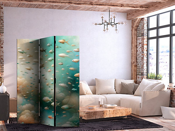 Paravent -Poissons dans un monde sous-marin aux couleurs bleu turquoise, beige et orange délicat