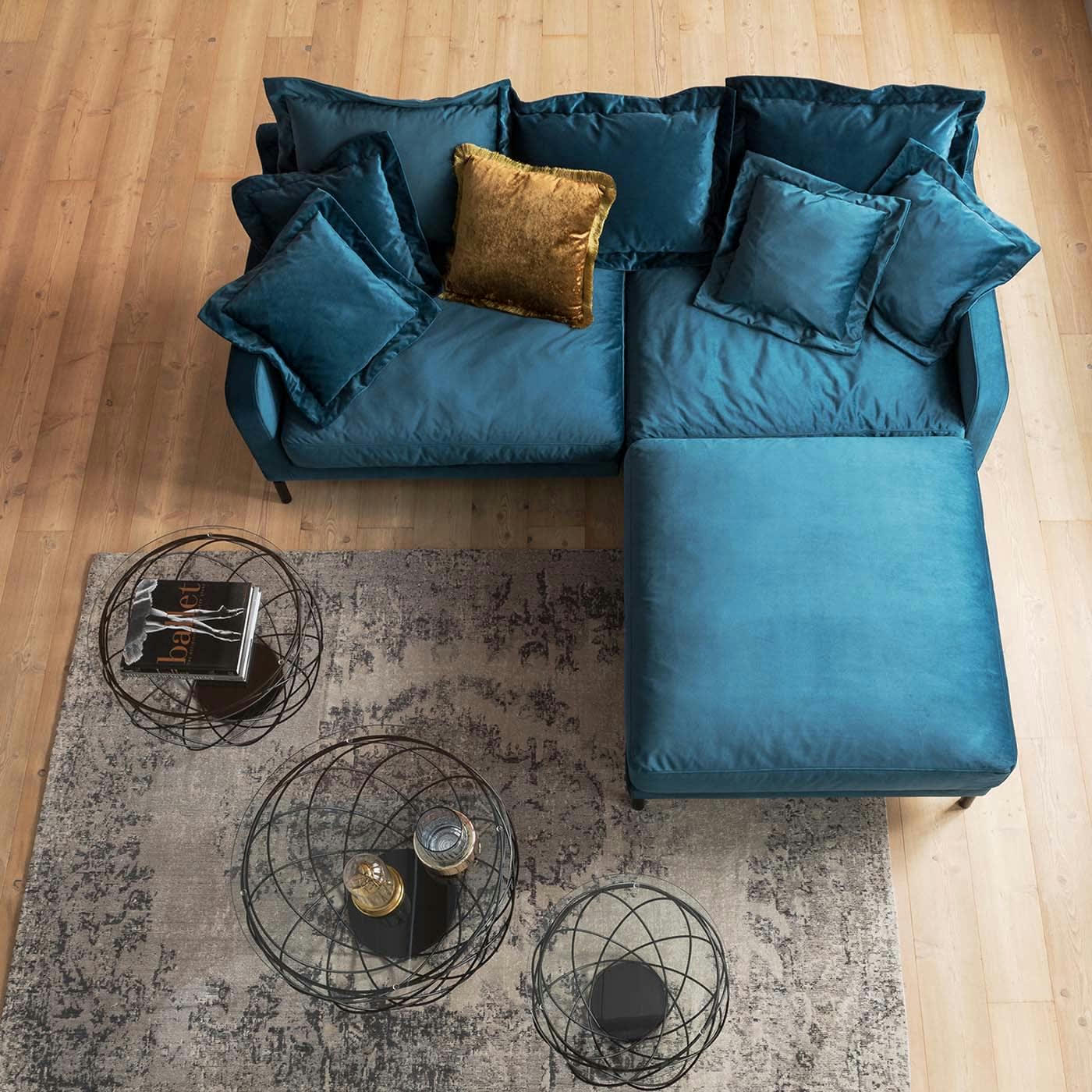 LULLABY - Repose-pieds en velours bleu pétrole et acier noir