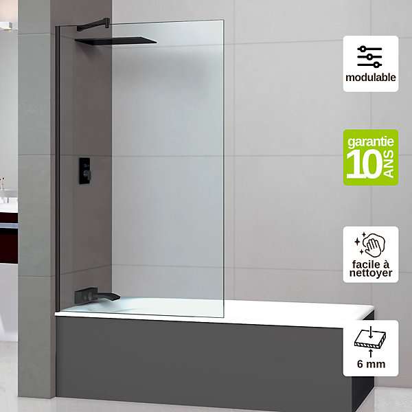 Paroi de baignoire fixe en verre sécurité transparent ép 6mm anti calcaire, L100 x H147 cm, noir mat, SUPERBAN Mont Blanc CC