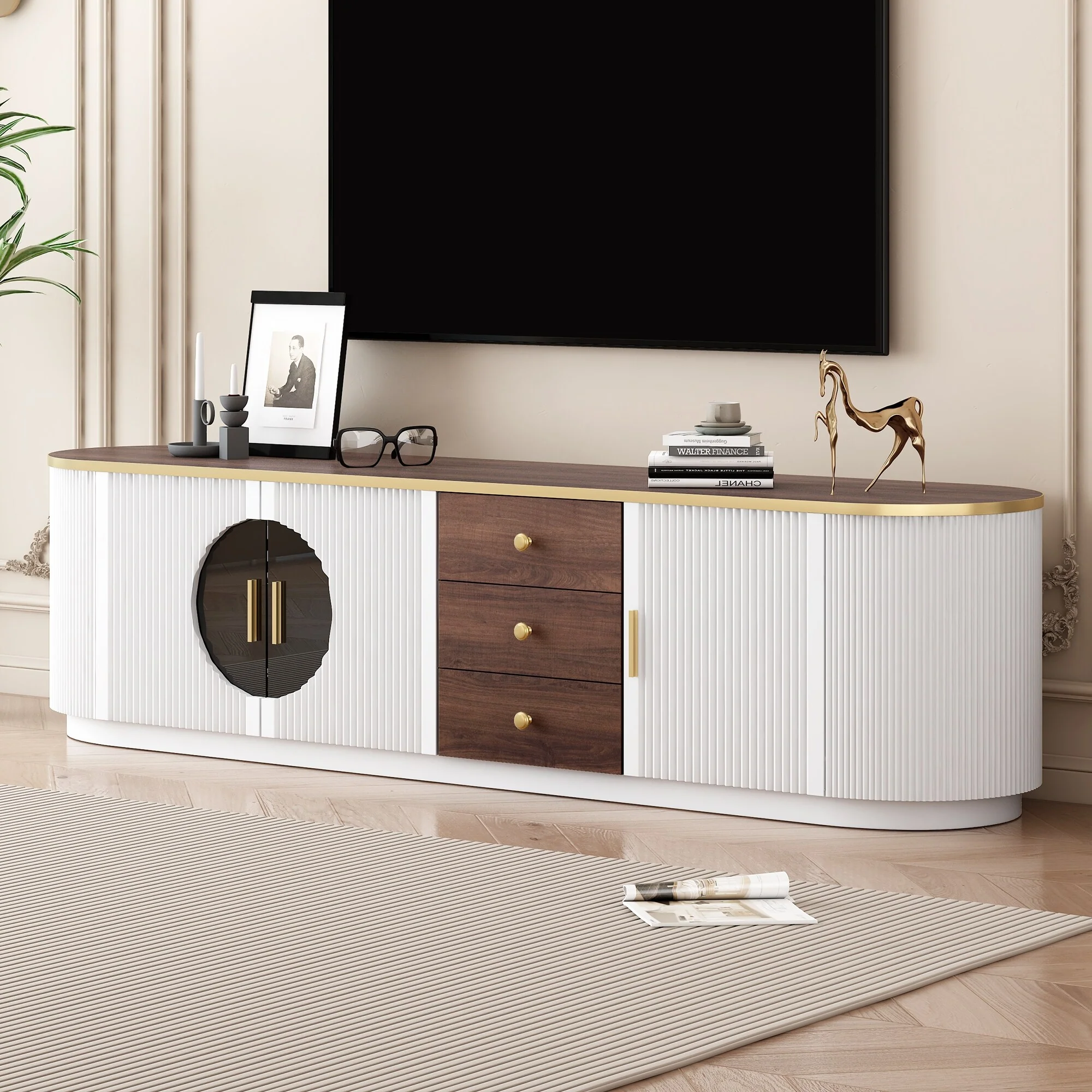 Modern Minimalist TV Stand with 3 Drawers, Glass Doors, and Adjustable Shelving