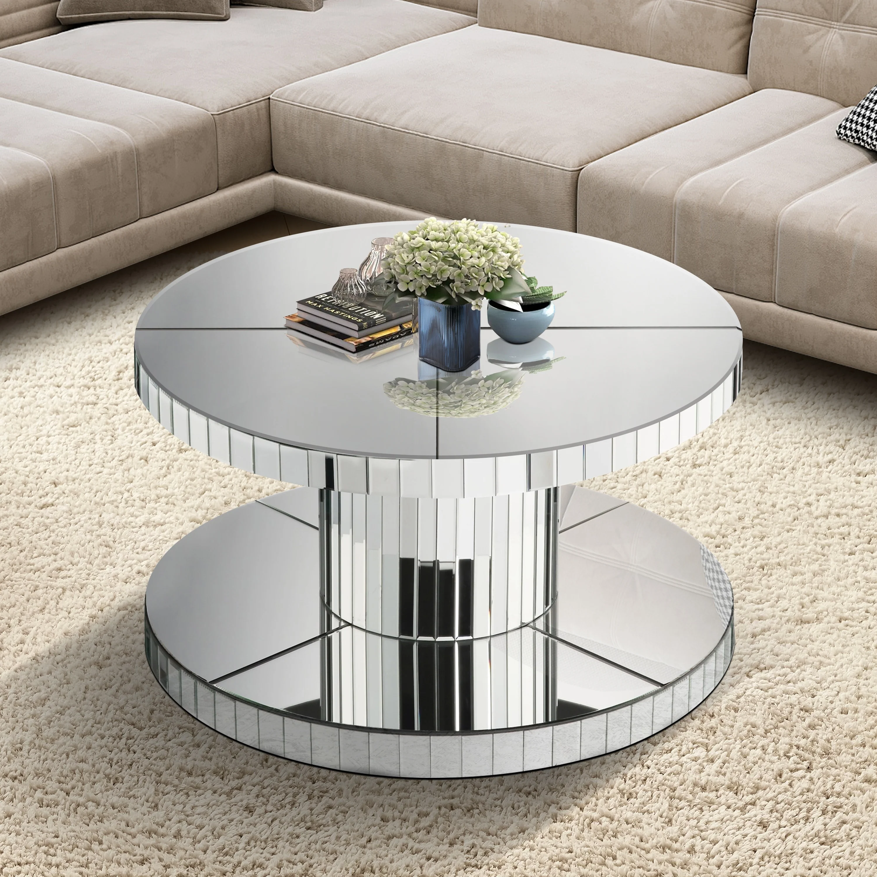Double-Tier Luxury Round Mirror Coffee & End Table with Fluted Glass - 31.5 Diameter Modern Sofa Side Table for Living Room