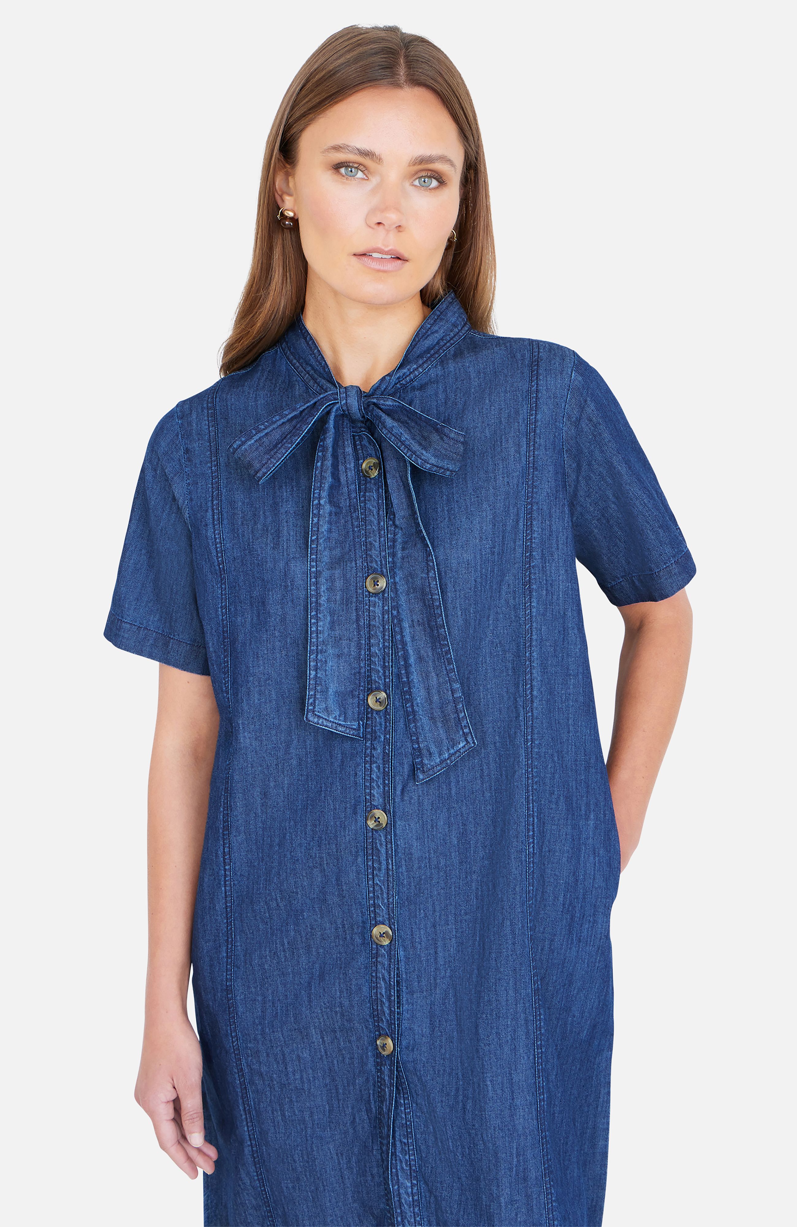 Yumi Blue Chambray Tunic With Pussy Bow Tie