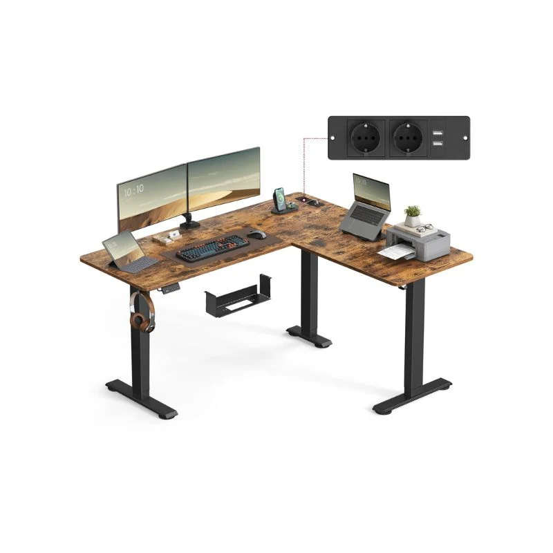Bureau d'angle électrique réglable avec multiprise