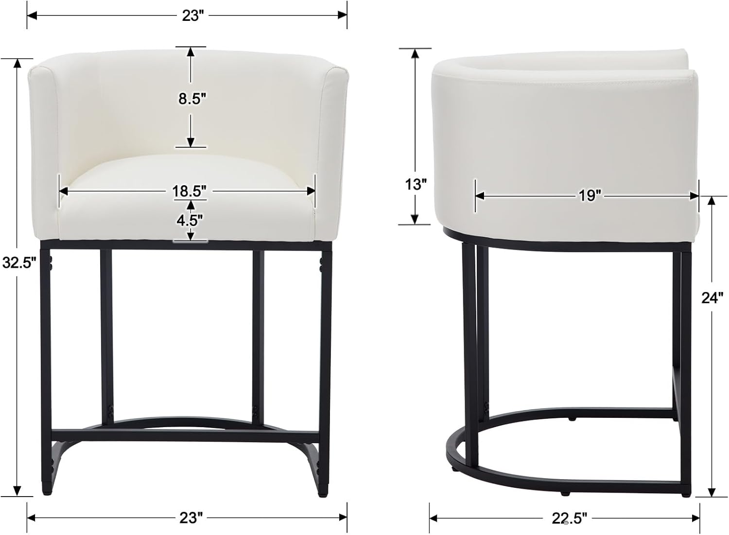 PU Leather Bar Stools Set of 3, Modern Upholstered Counter Height Bar stools 24 Leather Barstools Barrel Kitchen Counter Island Stools with Black Metal Base, White