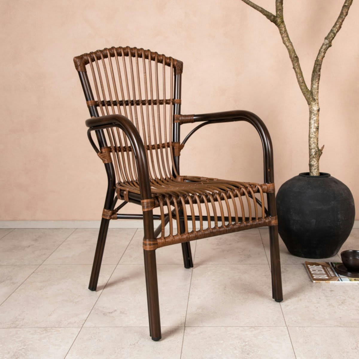 GEMMA - Chaise de jardin marron en rotin et métal