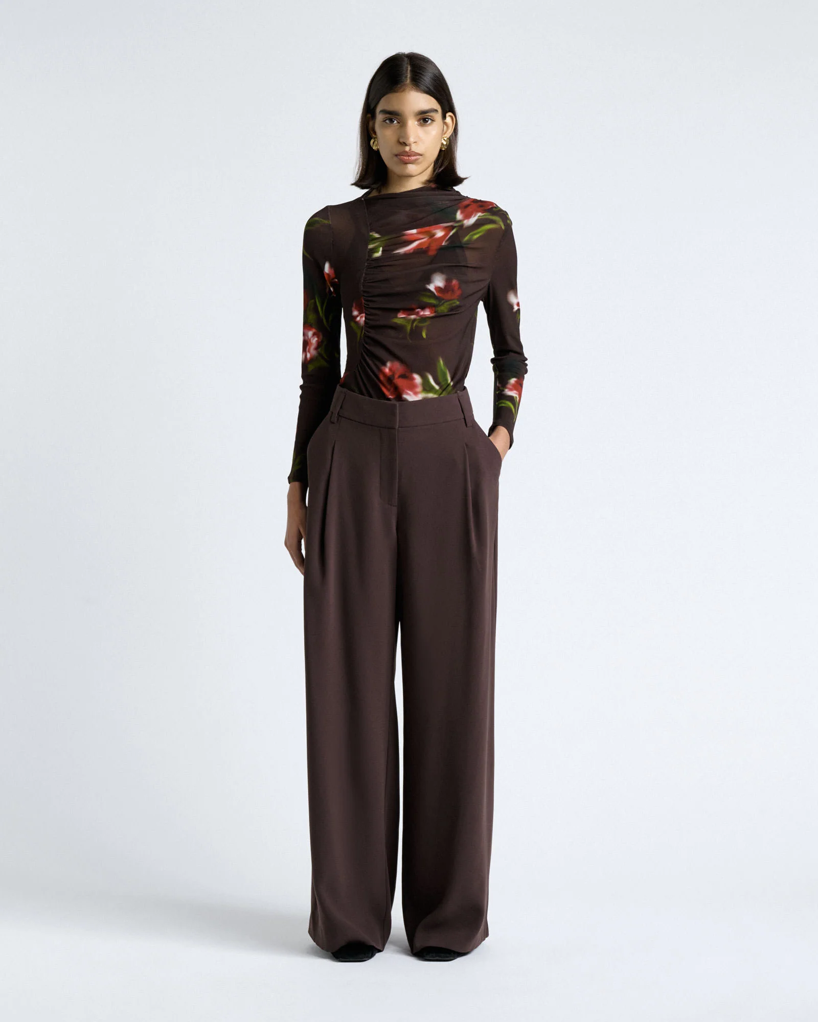 Blurred Floral Ruched Mesh Long Sleeve Top