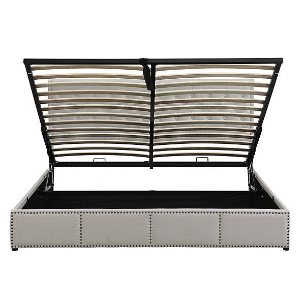 Lit adulte lit coffre lit 180x200 cm lit de rangement lit rembourré hydraulique lit en métal lin gris clair