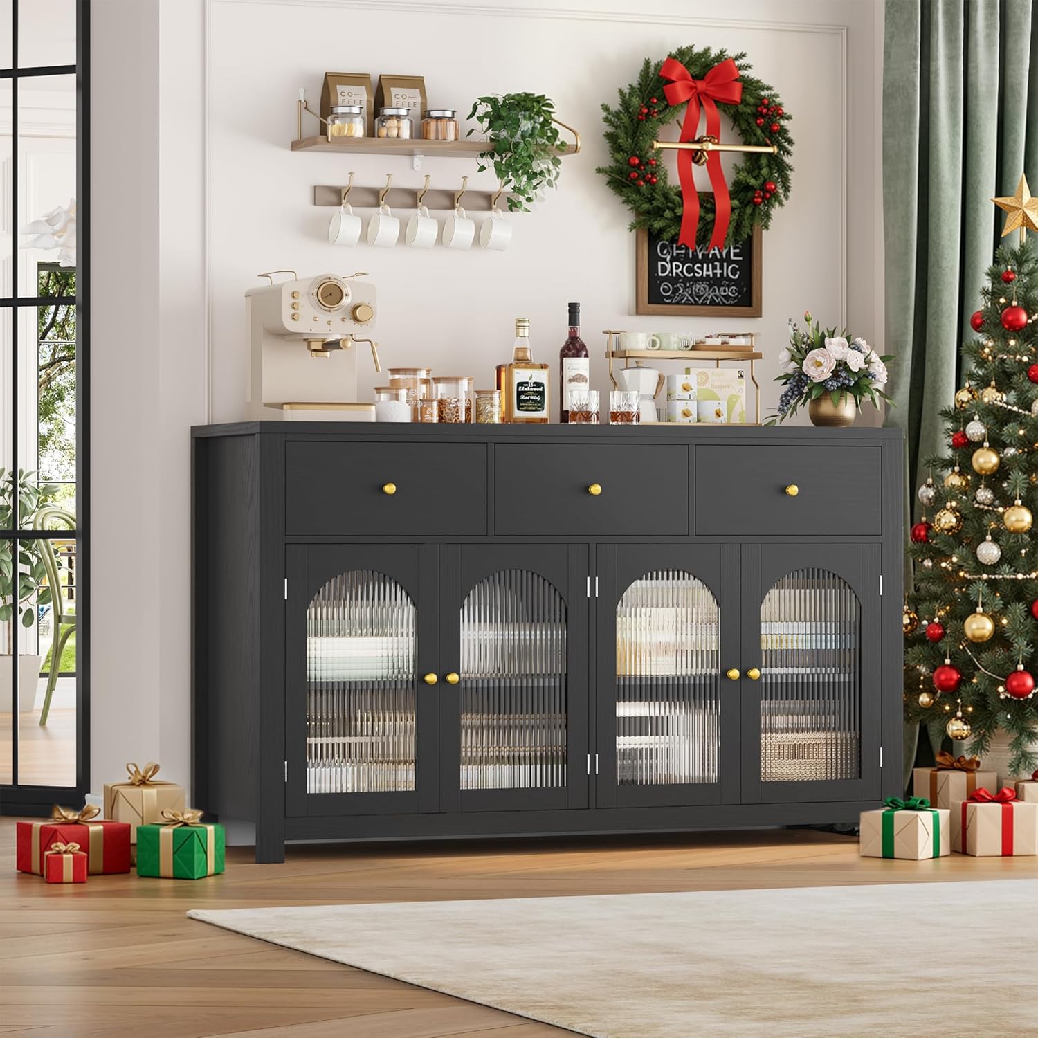 FINETONES Buffet Cabinet with Storage, 55.1 Large Sideboard Buffet Farmhouse Kitchen Cabinet with 3 Drawers and 4 Doors, Wood Coffee Bar for Kitchen, Black