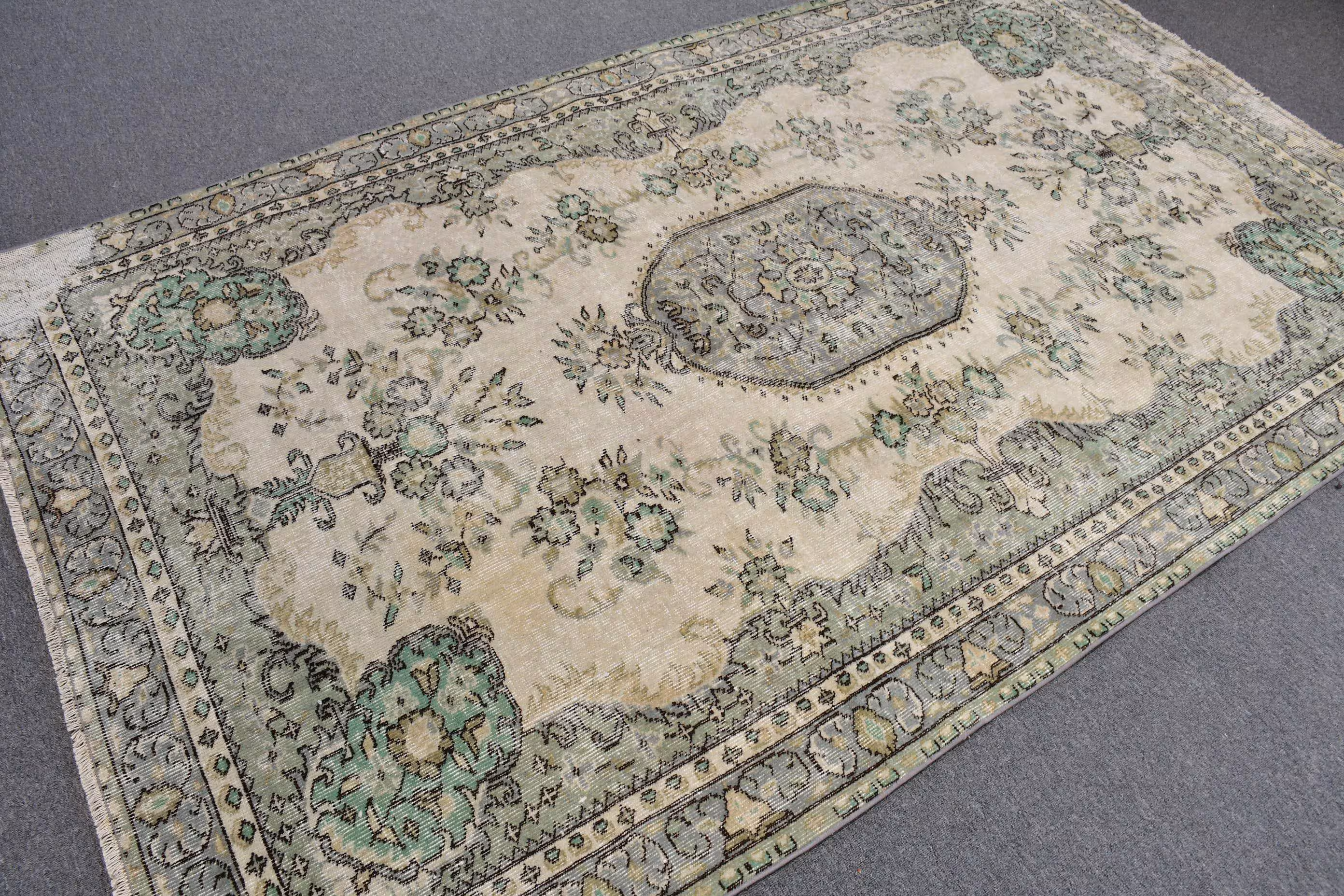 Vintage Turkish Oushak Rug 5.2x8.7 ft, Green Large Camouflage Wool Rug