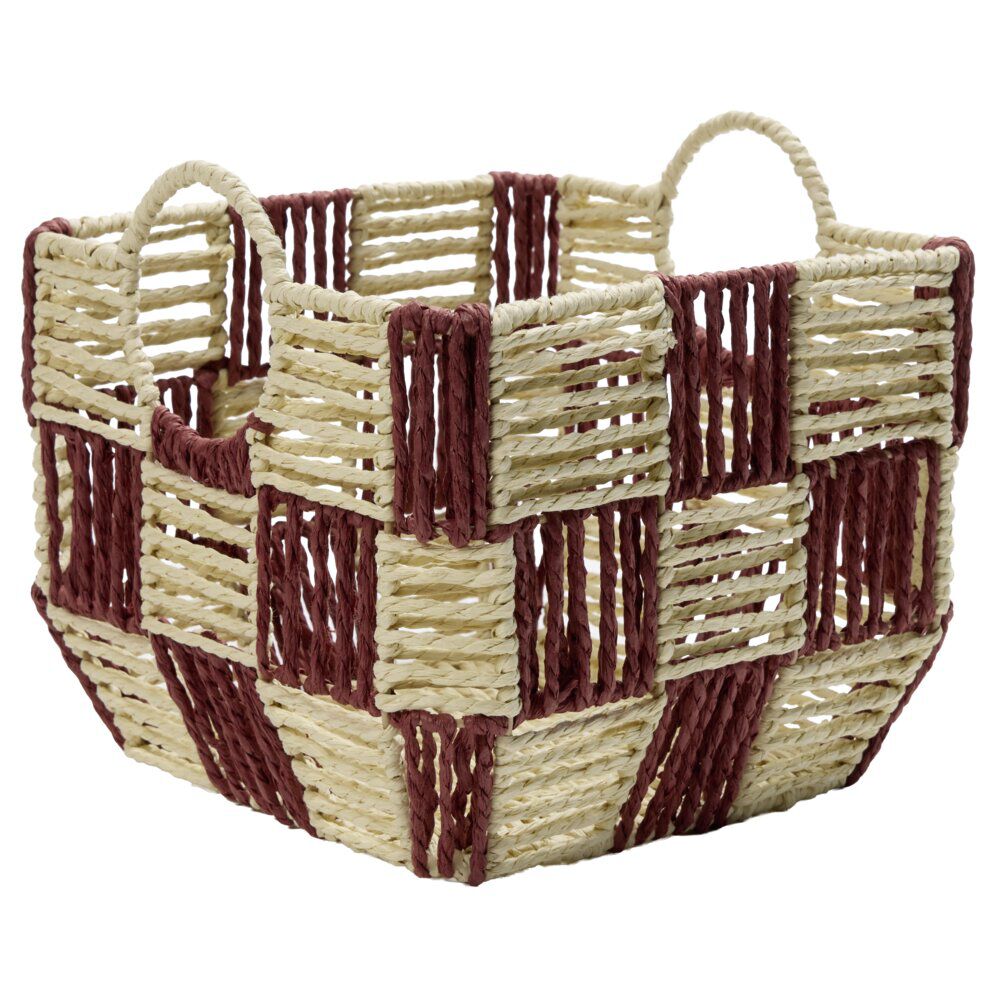 Panière de rangement carrée damier papier beige et rouge 26x26xH20cm