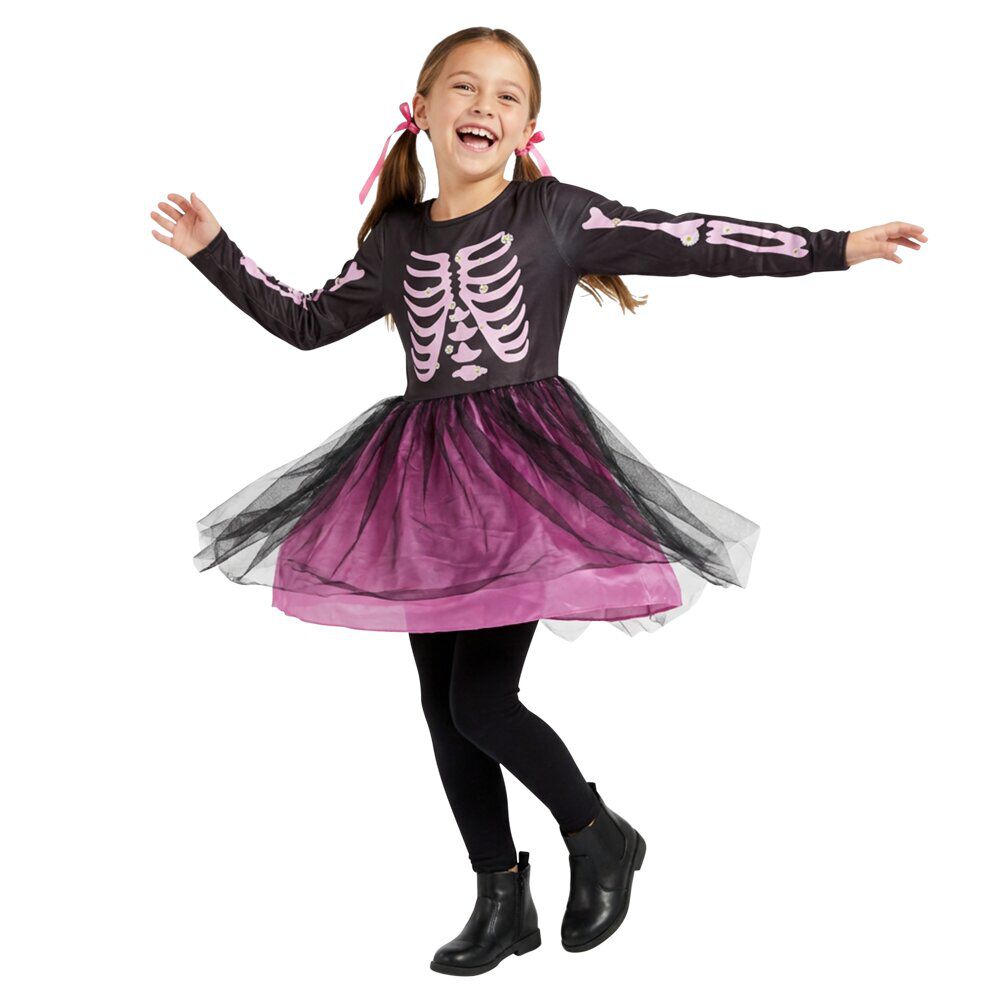 Déguisement Halloween enfant fille robe squelette polyester rose et noir 4/6ans