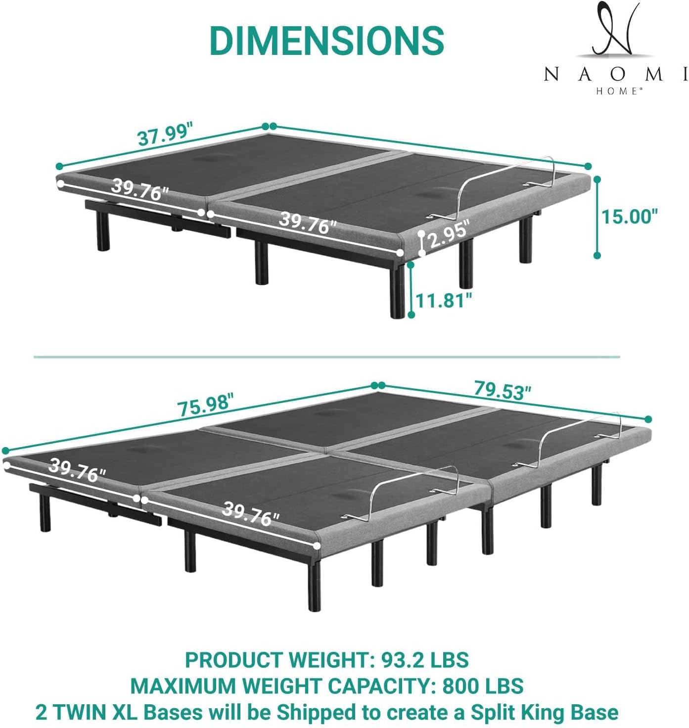 Naomi Home Idealbase Split King Adjustable Bed Base with Massage, USB Ports, Under-Bed Light, Wireless Remote, 800 Lb Capacity, Gray Metal Frame, Easy Setup for Couples’ Personalized Comfort