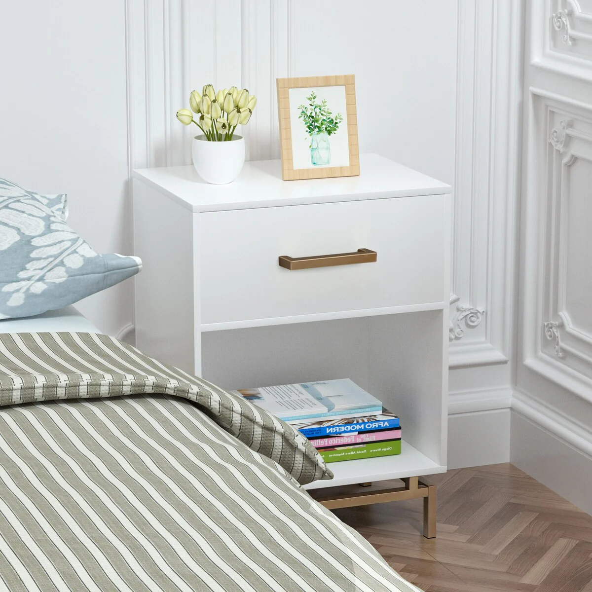 Anmytek 1-Drawer Modern White Gold Nightstand Accent Table End Side Table with Open Shelf for Bedroom