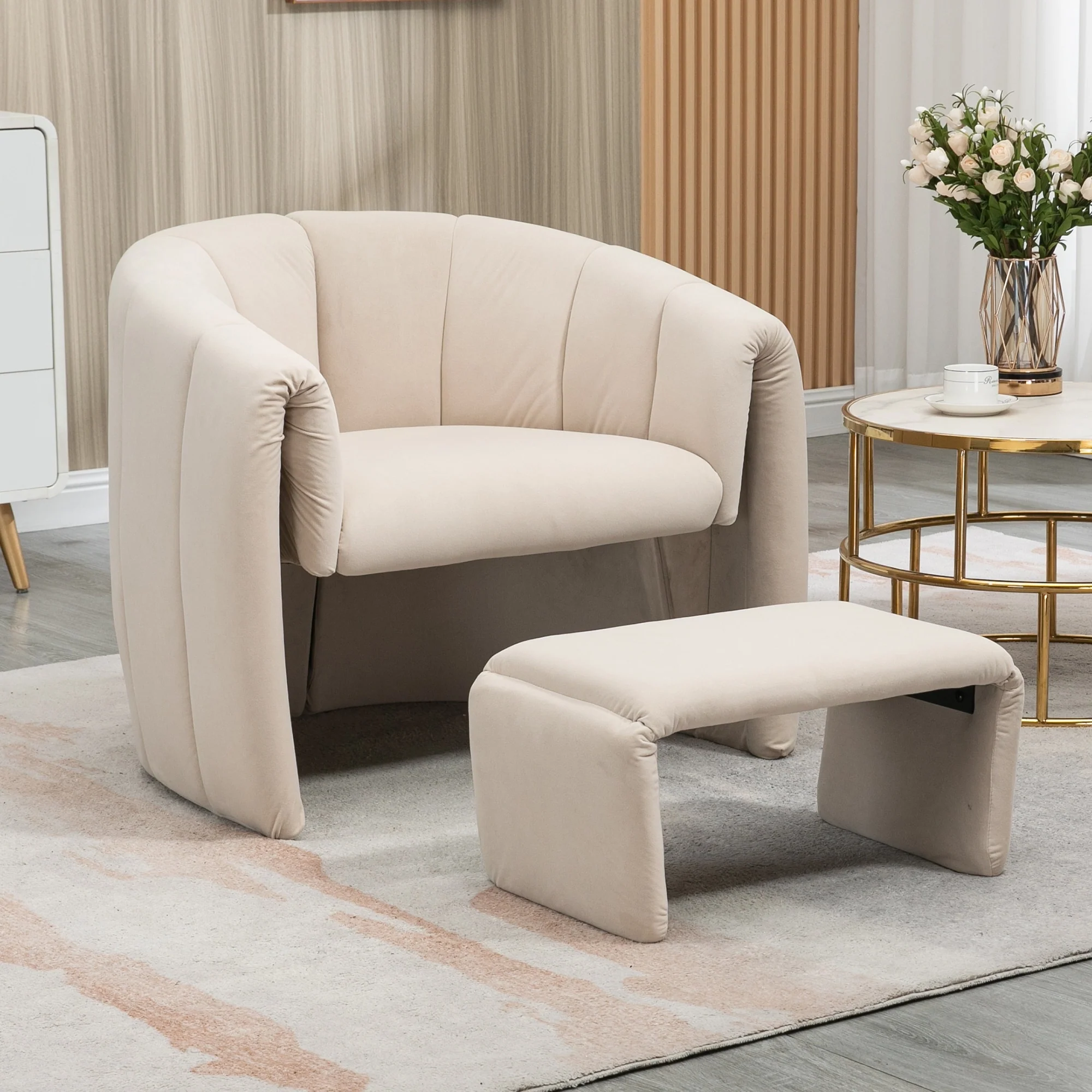 Velvet Upholstered Mid Century Modern Barrel Chair with Ottoman