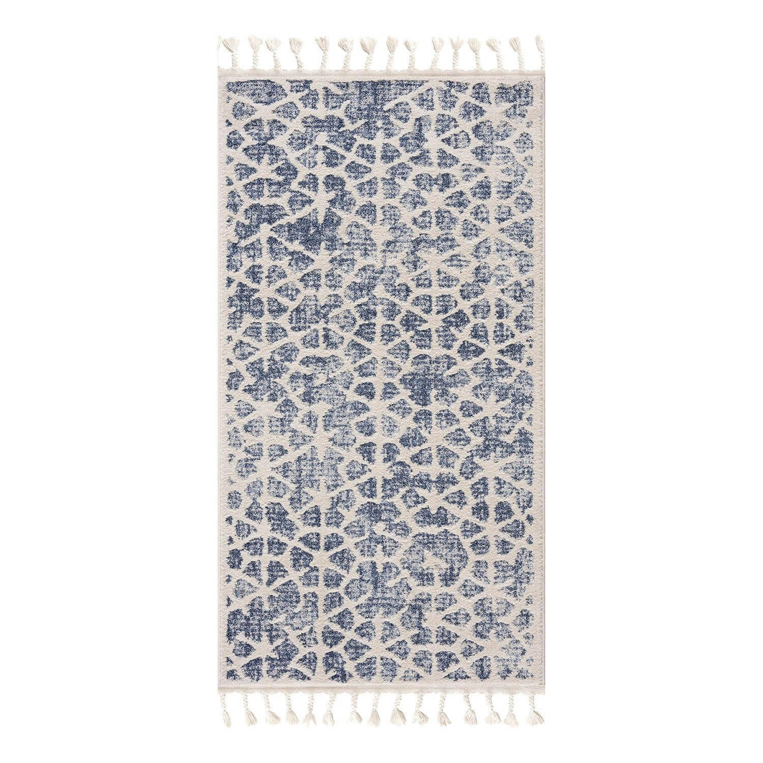 FLÄT - Tapis scandinave à franges tressées bleu et crème 80x300cm