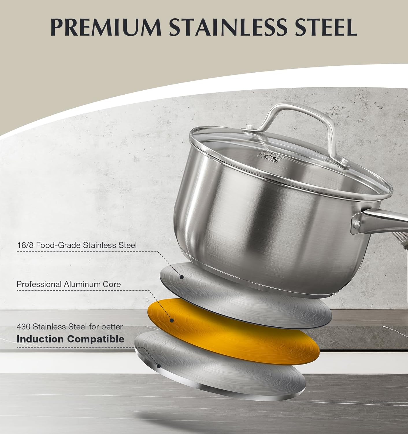 KOCH SYSTEME CS Stainless Steel Cookware Set 10 Piece, 18/10 Stainless Steel Pots and Pans Set for Professional Cooking, Kitchen Cookware Sets, Induction Compatible, Pots and Pans Set, Cooking Set