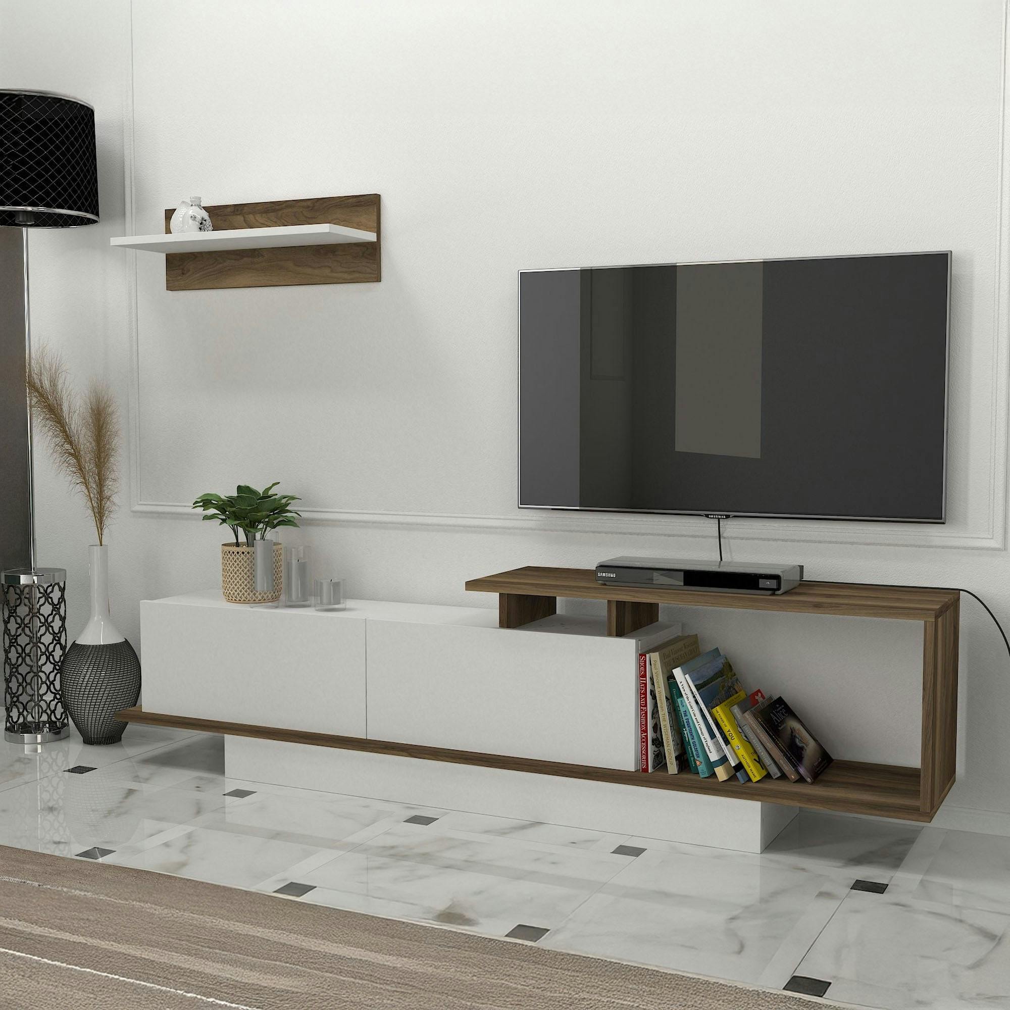 Banc TV design blanc & effet noyer avec étagère MARFA