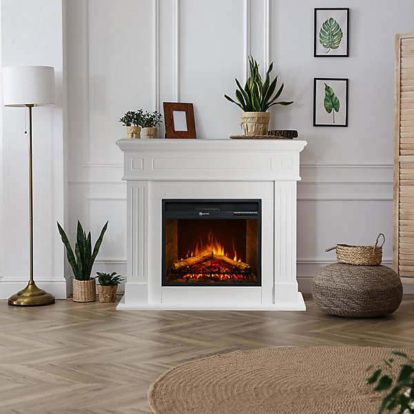 Cheminée électrique CAMBRIDGE, cheminée sur pied, bois blanc, 110x25x95h