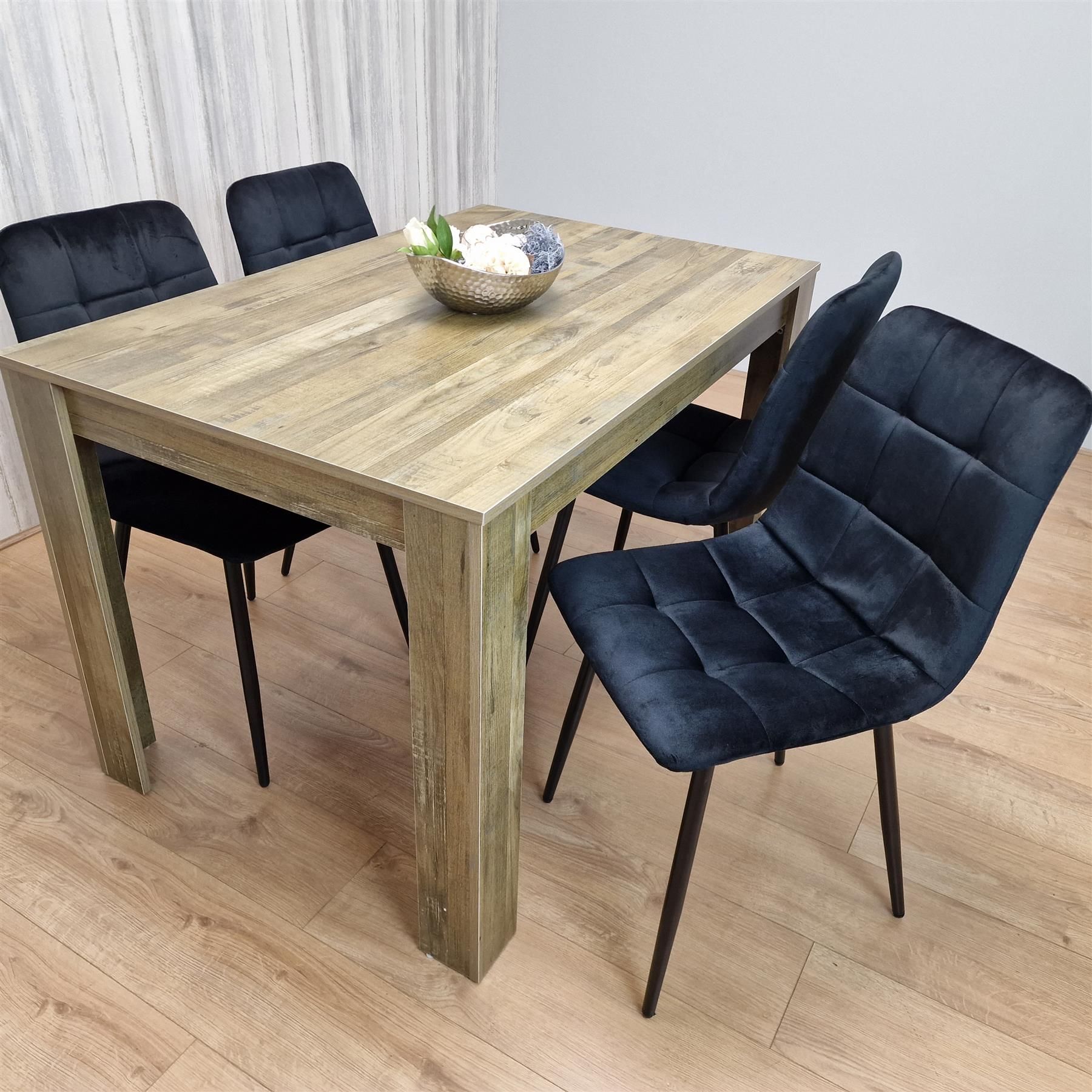 KOSY KOALA Dining Table and 4 Chairs - Rustic Effect Dining Table Set With 4 Black Velvet Chairs Dining Room Furniture