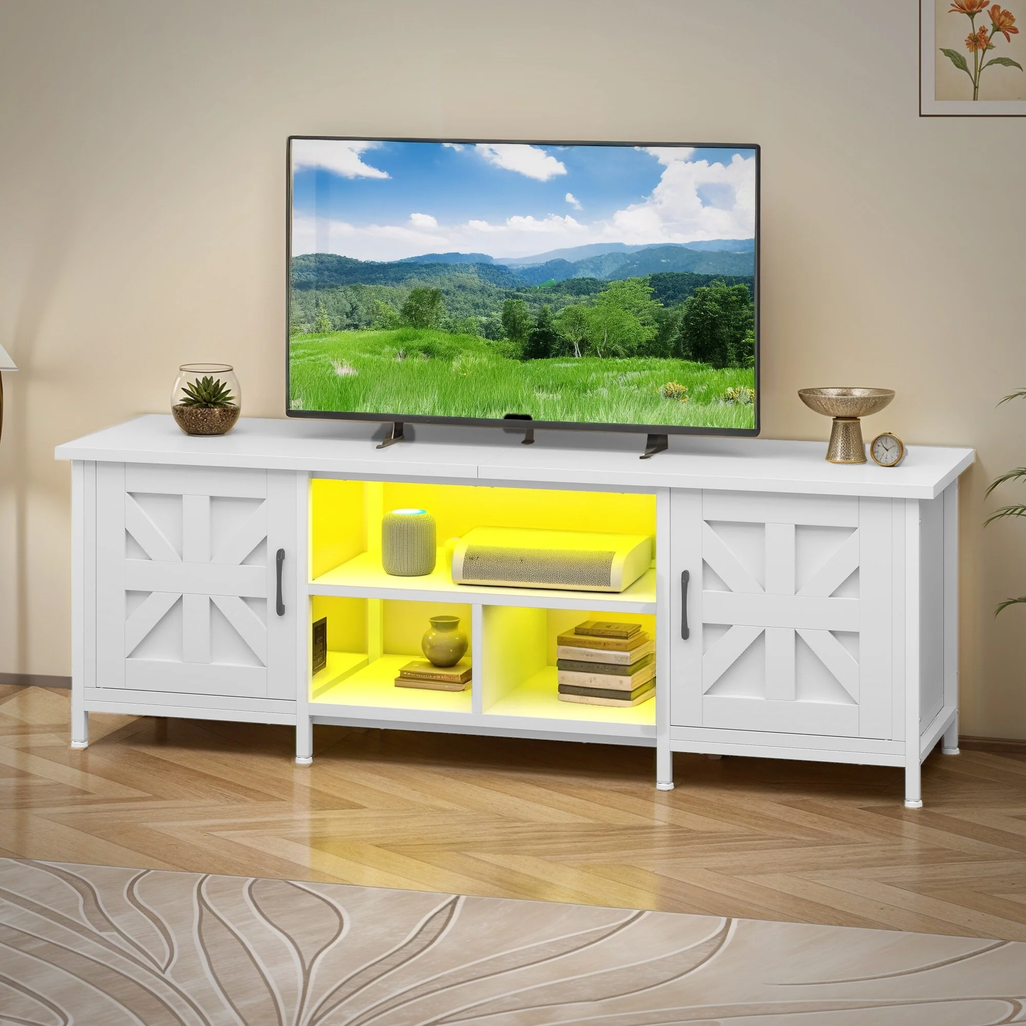 Moasis Farmhouse TV Stand with LED & Charging, Storage Cabinet and Shelves for TVs up to 70, Black